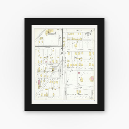 Old map wall art mockup — black gallery frame with white mat — Sanborn Fire Insurance Map from Kokomo, Howard County, Indiana (1909), Sheet #0006