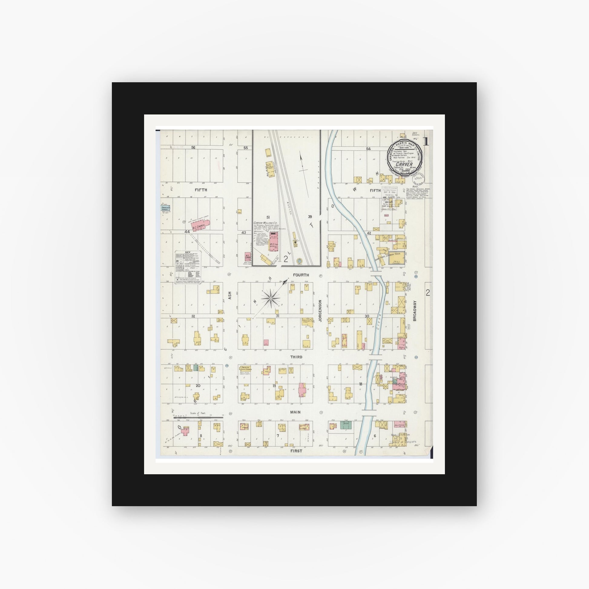 Old map wall art mockup — black gallery frame with white mat — Sanborn Fire Insurance Map from Carver, Carver County, Minnesota (1900), Sheet #0001