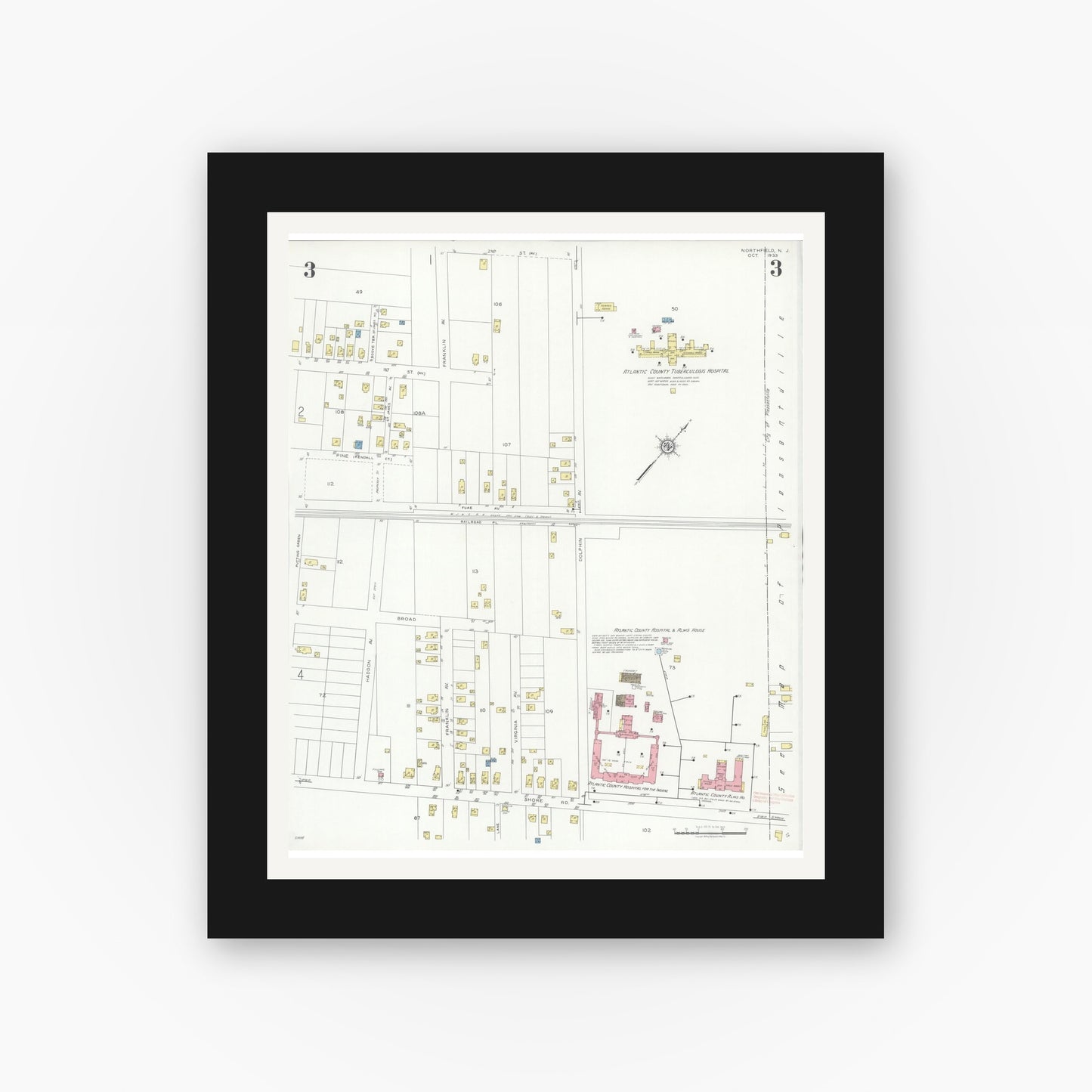 Old map wall art mockup — black gallery frame with white mat — Sanborn Fire Insurance Map from Northfield, Atlantic County, New Jersey (1933), Sheet #0003