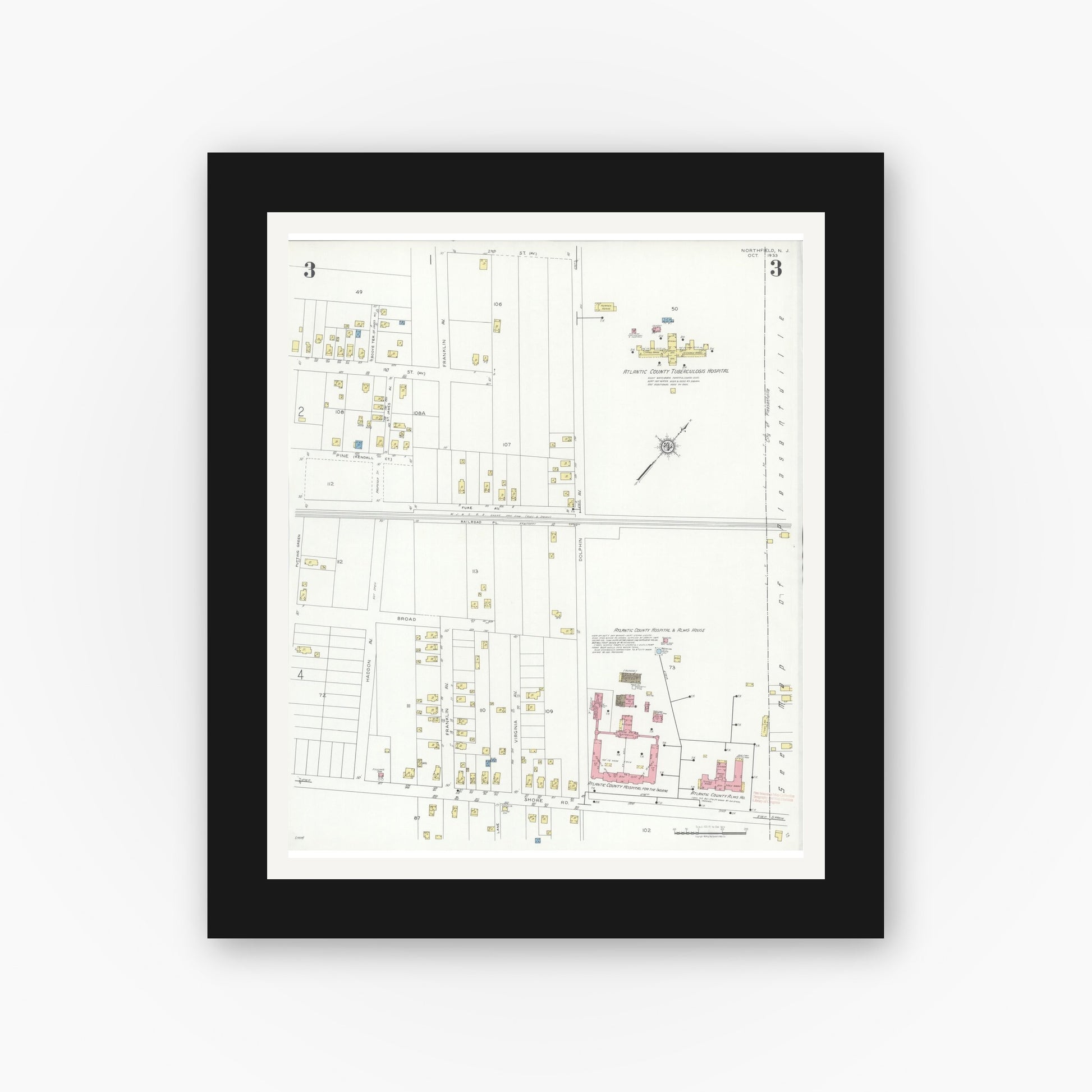 Old map wall art mockup — black gallery frame with white mat — Sanborn Fire Insurance Map from Northfield, Atlantic County, New Jersey (1933), Sheet #0003
