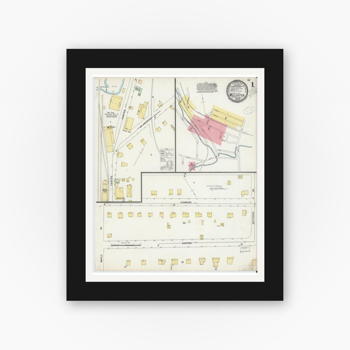 Old map wall art mockup — black gallery frame with white mat — Sanborn Fire Insurance Map from Millerton, Dutchess County, New York (1898), Sheet #0001
