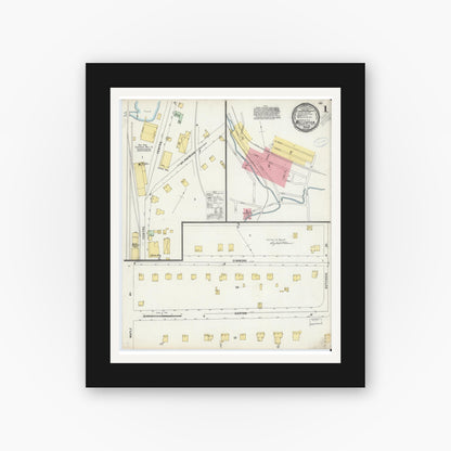 Old map wall art mockup — black gallery frame with white mat — Sanborn Fire Insurance Map from Millerton, Dutchess County, New York (1898), Sheet #0001
