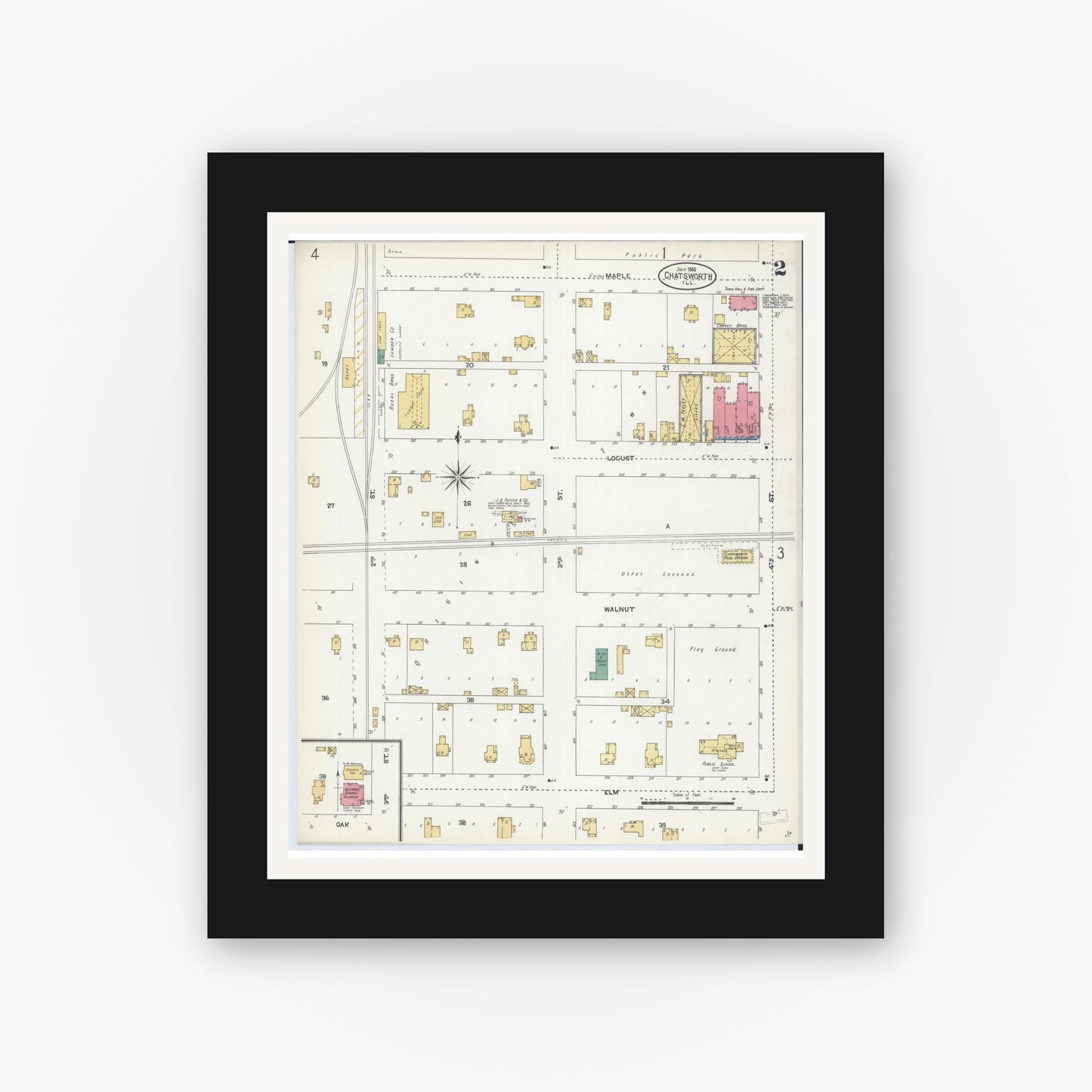 Old map wall art mockup — black gallery frame with white mat — Sanborn Fire Insurance Map from Chatsworth, Livingston County, Illinois (1906), Sheet #0002