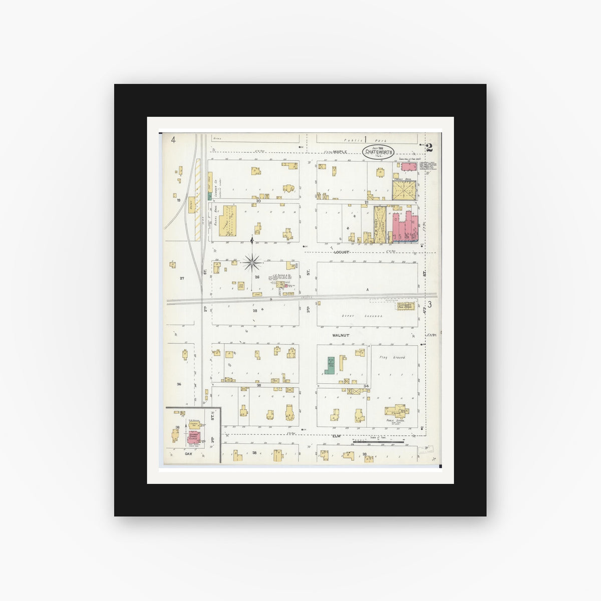 Old map wall art mockup — black gallery frame with white mat — Sanborn Fire Insurance Map from Chatsworth, Livingston County, Illinois (1906), Sheet #0002