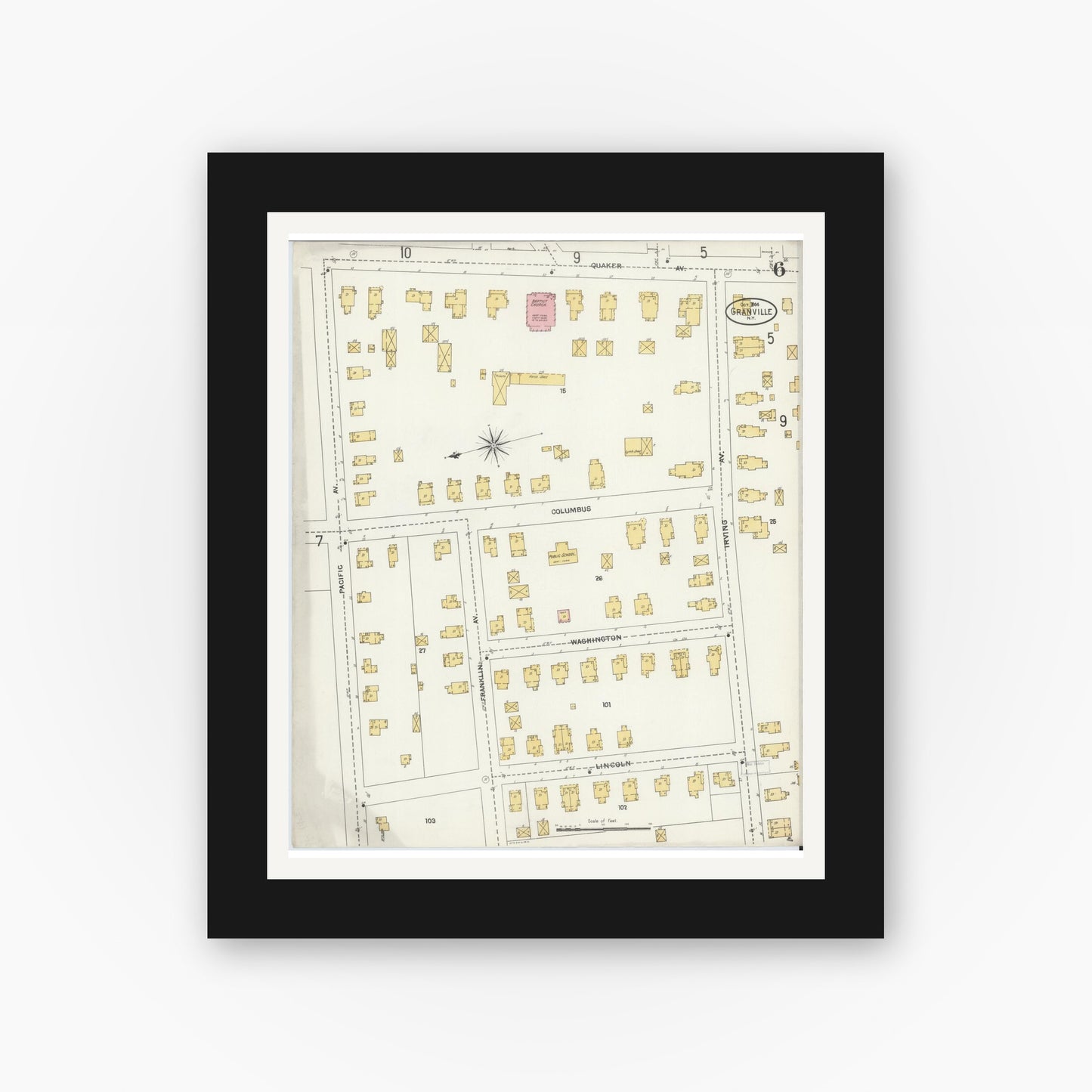 Old map wall art mockup — black gallery frame with white mat — Sanborn Fire Insurance Map from Granville, Washington County, New York (1904), Sheet #0006