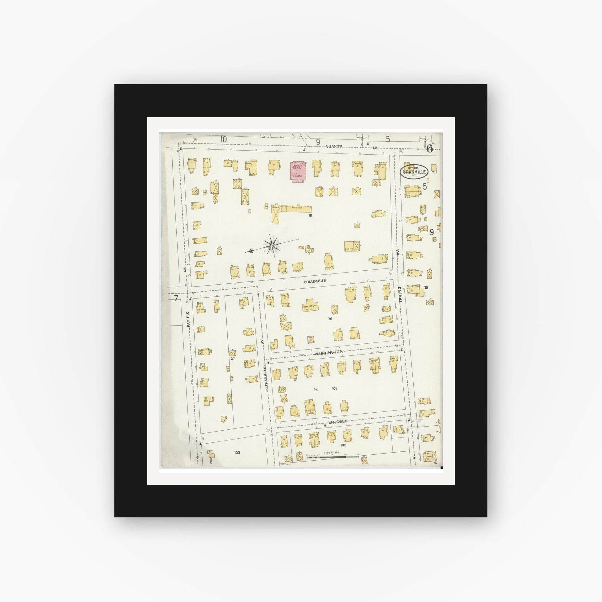 Old map wall art mockup — black gallery frame with white mat — Sanborn Fire Insurance Map from Granville, Washington County, New York (1904), Sheet #0006