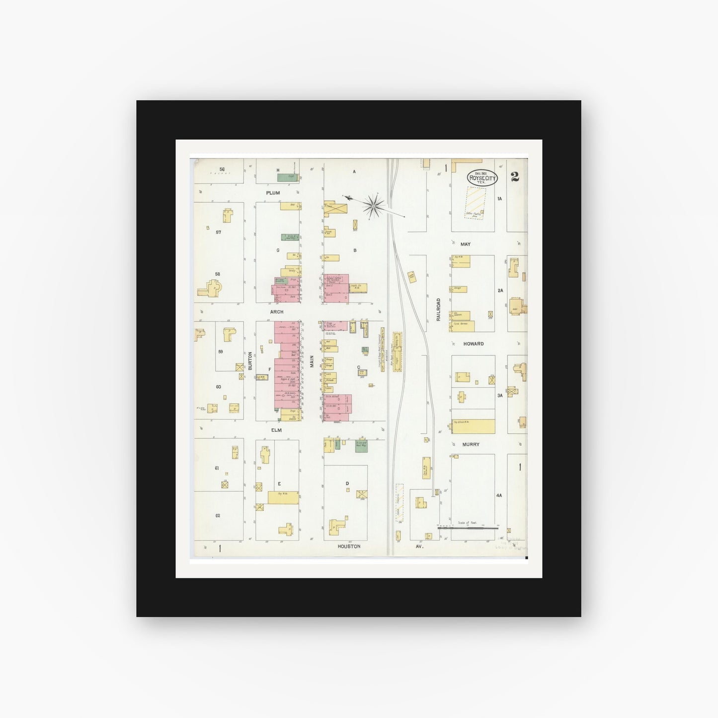 Old map wall art mockup — black gallery frame with white mat — Sanborn Fire Insurance Map from Royse City, Rockwell County, Texas (1901), Sheet #0002