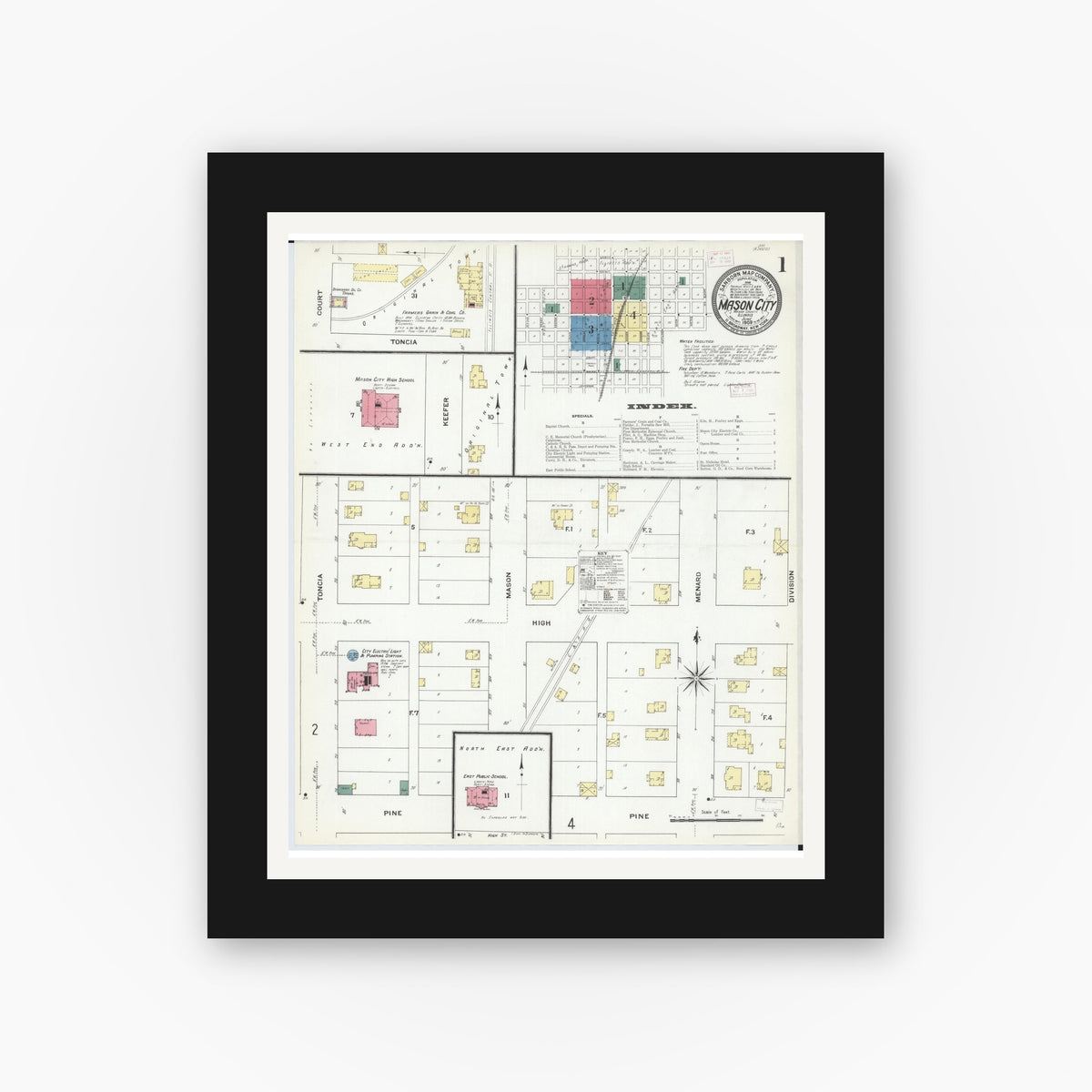 Old map wall art mockup — black gallery frame with white mat — Sanborn Fire Insurance Map from Mason City, Mason County, Illinois (1909) - Complete Map Set