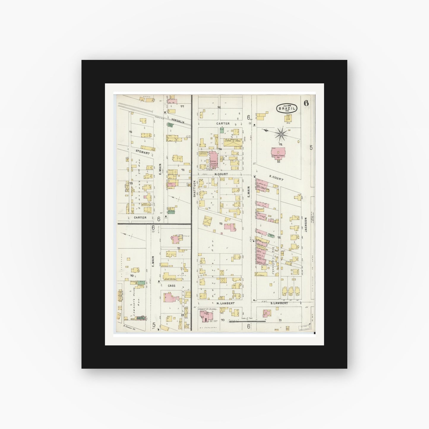 Old map wall art mockup — black gallery frame with white mat — Sanborn Fire Insurance Map from Brazil, Clay County, Indiana (1896), Sheet #0006