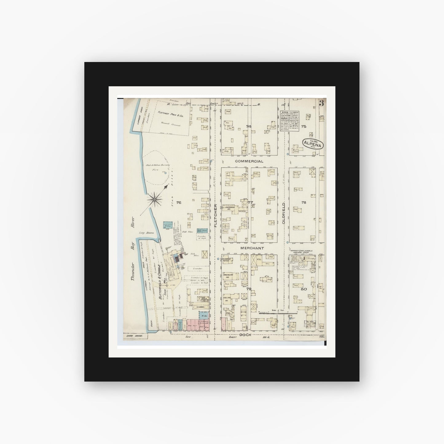 Old map wall art mockup — black gallery frame with white mat — Sanborn Fire Insurance Map from Alpena, Alpena County, Michigan (1884), Sheet #0003