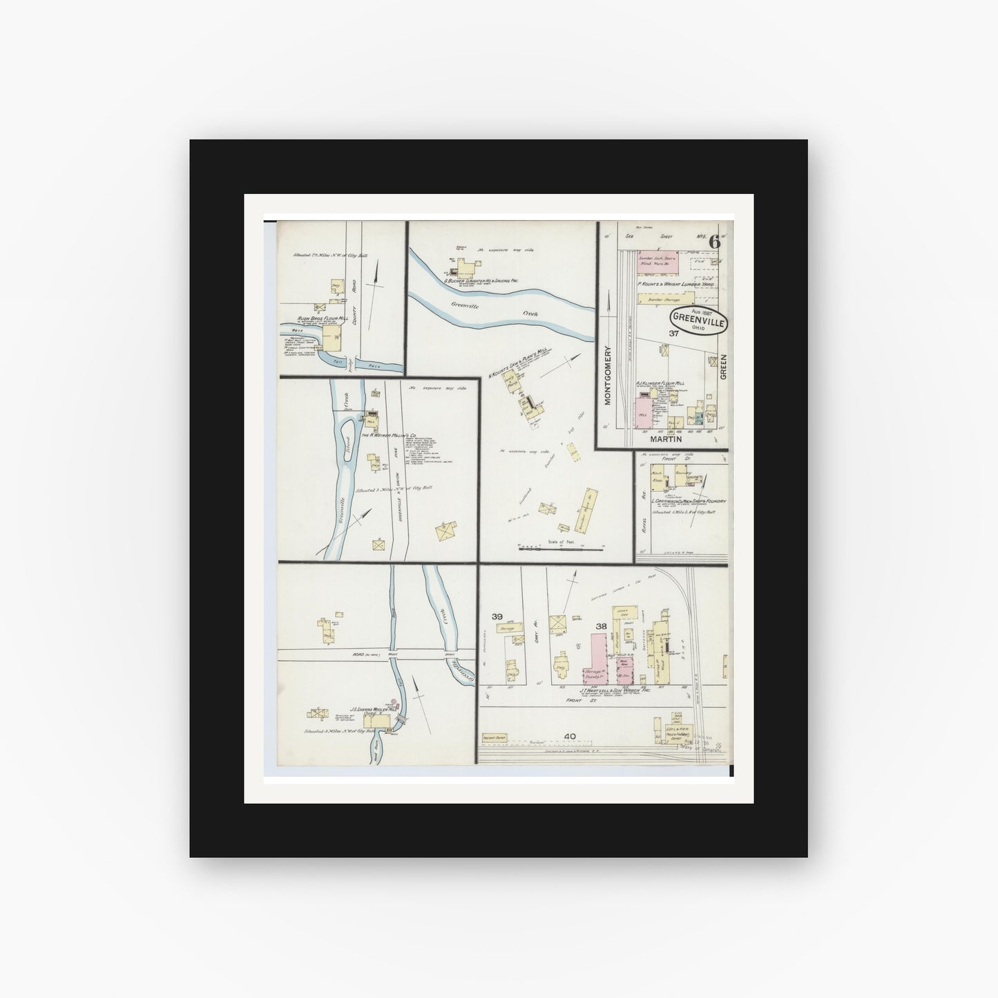 Old map wall art mockup — black gallery frame with white mat — Sanborn Fire Insurance Map from Greenville, Darke County, Ohio (1887), Sheet #0006