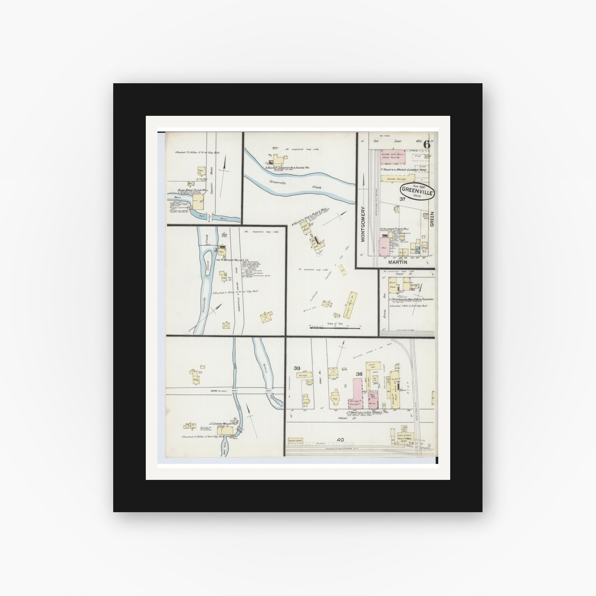 Old map wall art mockup — black gallery frame with white mat — Sanborn Fire Insurance Map from Greenville, Darke County, Ohio (1887), Sheet #0006