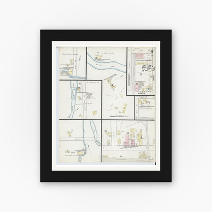 Old map wall art mockup — black gallery frame with white mat — Sanborn Fire Insurance Map from Greenville, Darke County, Ohio (1887), Sheet #0006