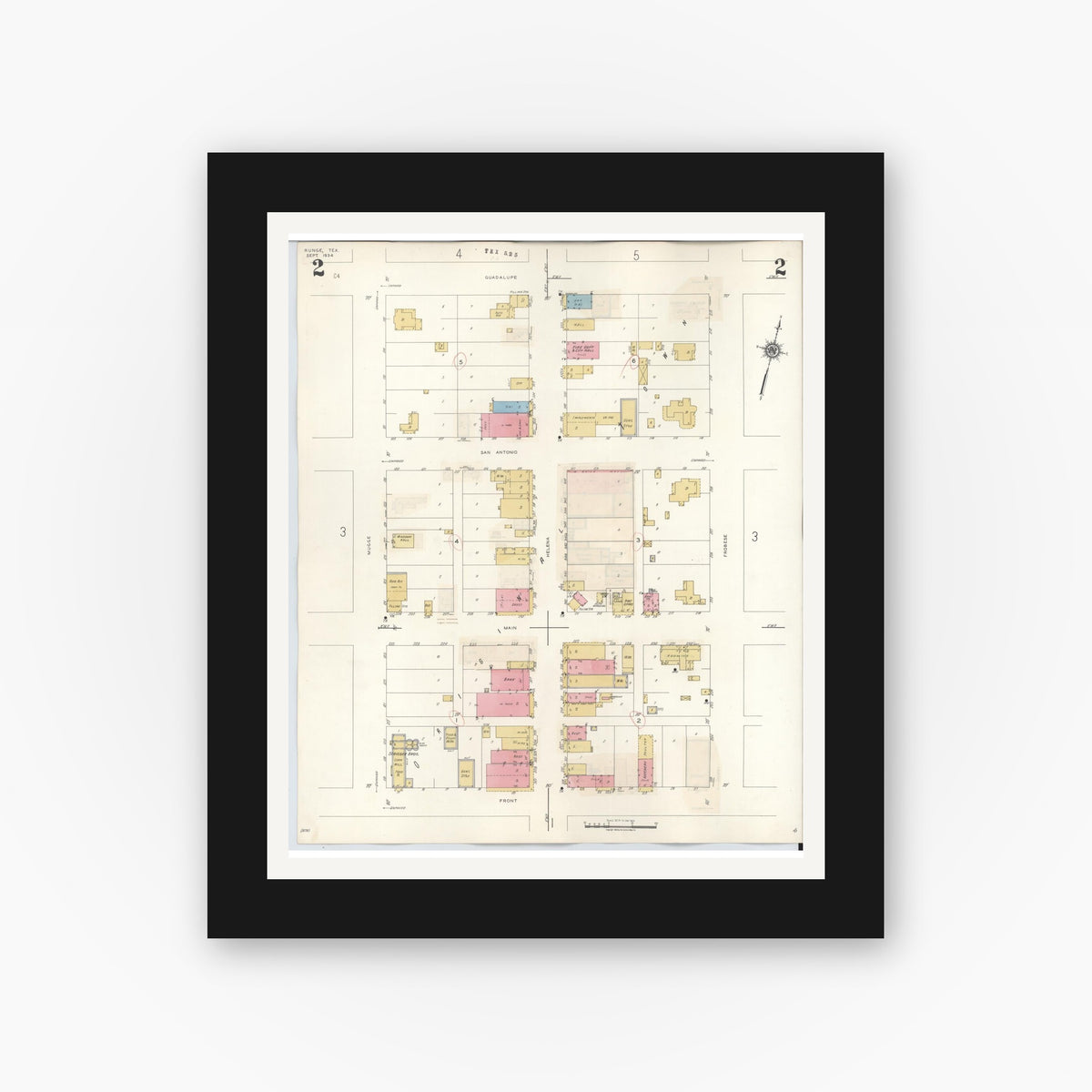 Old map wall art mockup — black gallery frame with white mat — Sanborn Fire Insurance Map from Runge, Karnes County, Texas (1944), Sheet #0002