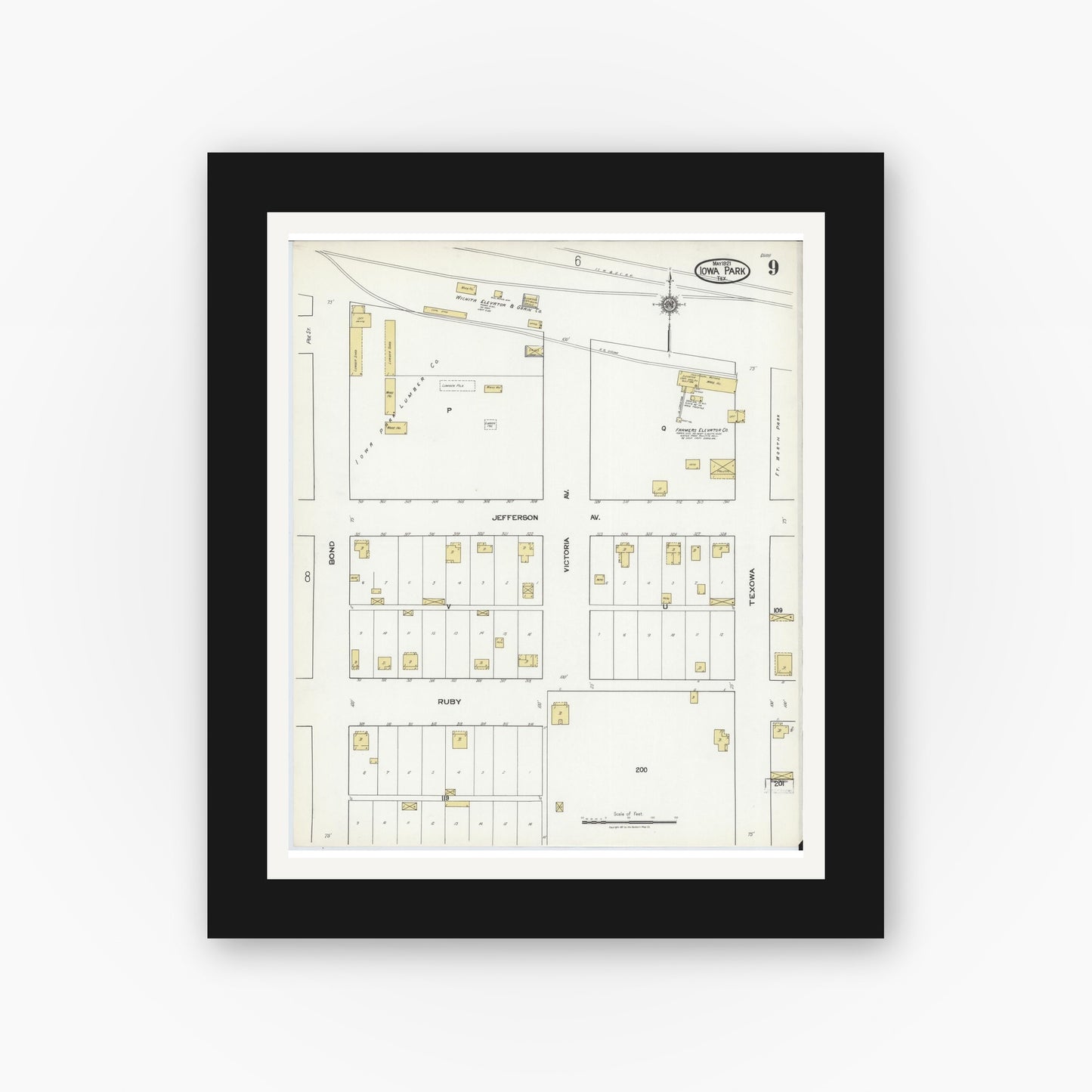 Old map wall art mockup — black gallery frame with white mat — Sanborn Fire Insurance Map from Iowa Park, Wichita County, Texas (1921), Sheet #0009