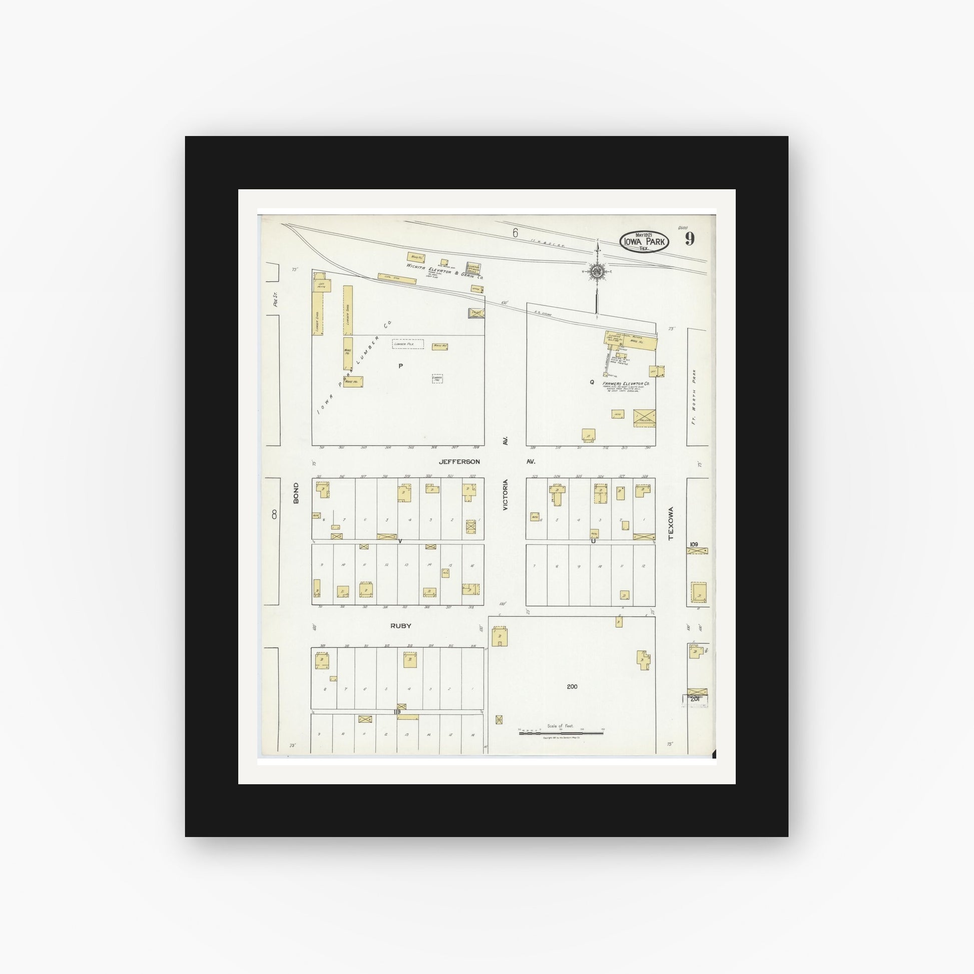 Old map wall art mockup — black gallery frame with white mat — Sanborn Fire Insurance Map from Iowa Park, Wichita County, Texas (1921), Sheet #0009