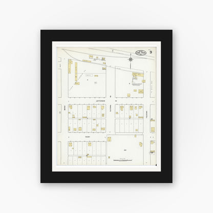 Old map wall art mockup — black gallery frame with white mat — Sanborn Fire Insurance Map from Iowa Park, Wichita County, Texas (1921), Sheet #0009