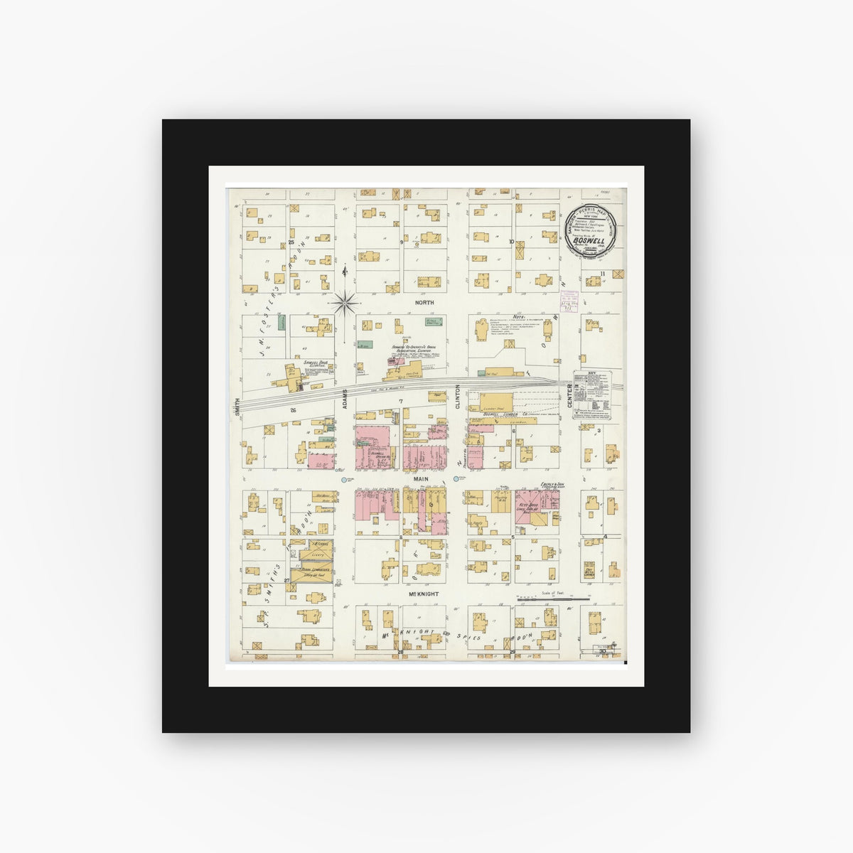 Old map wall art mockup — black gallery frame with white mat — Sanborn Fire Insurance Map from Boswell, Benton County, Indiana (1901), Sheet #0001