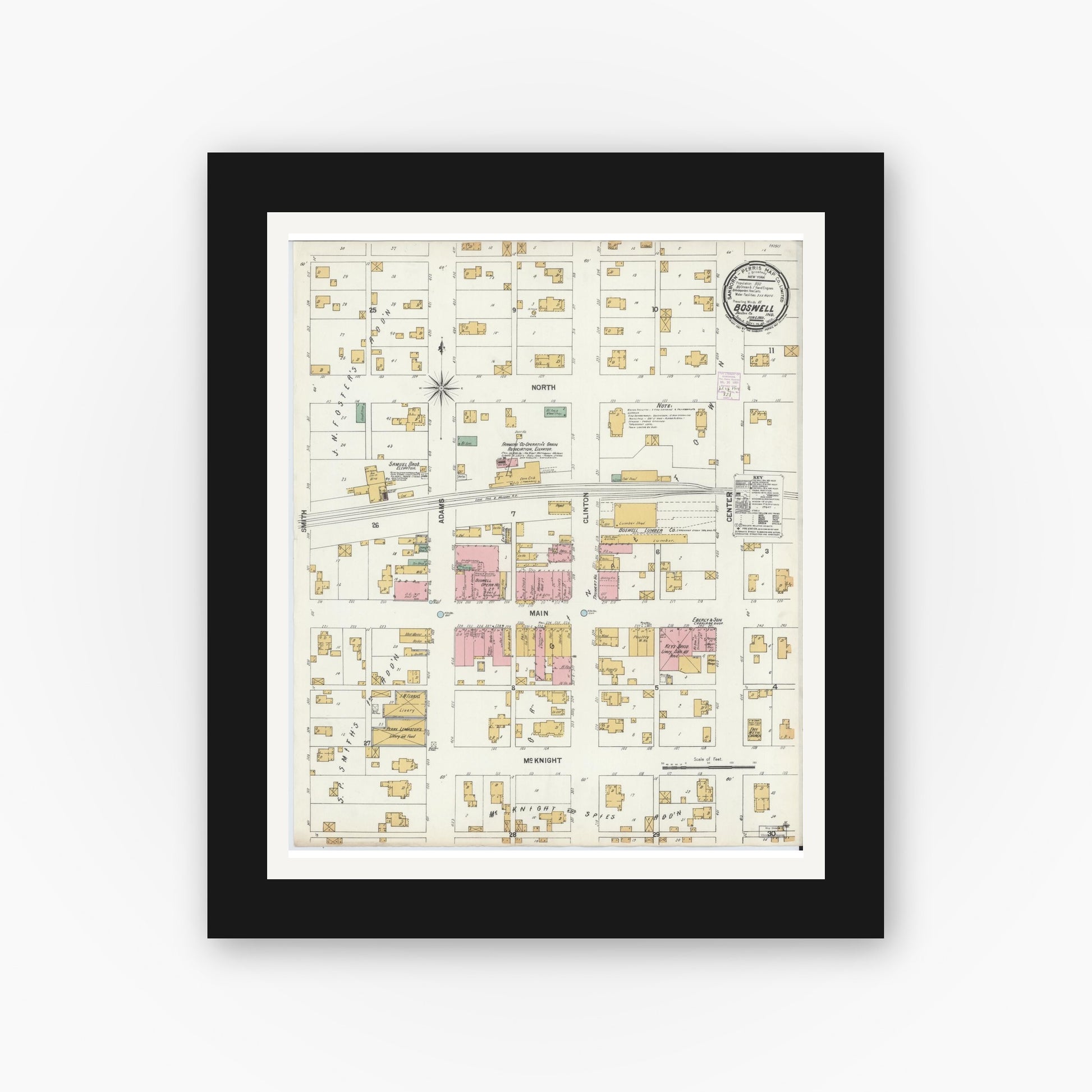Old map wall art mockup — black gallery frame with white mat — Sanborn Fire Insurance Map from Boswell, Benton County, Indiana (1901), Sheet #0001
