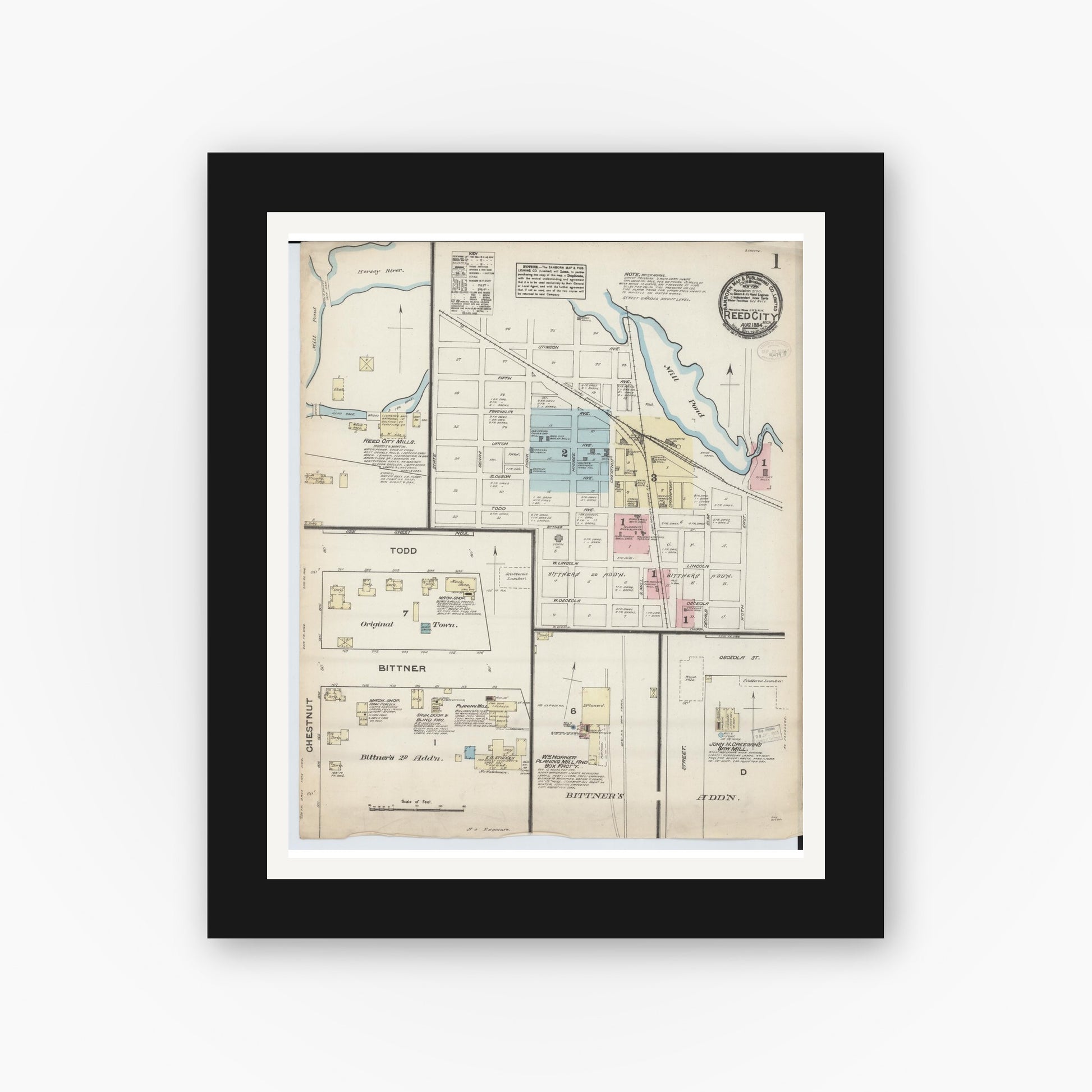 Old map wall art mockup — black gallery frame with white mat — Sanborn Fire Insurance Map from Reed City, Osceola County, Michigan (1884) - Complete Map Set