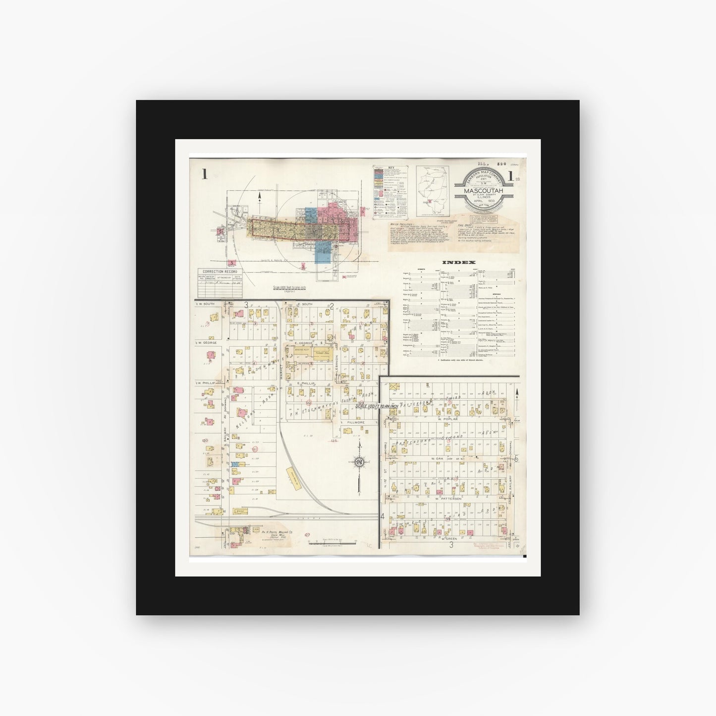 Old map wall art mockup — black gallery frame with white mat — Sanborn Fire Insurance Map from Mascoutah, Saint Clair County, Illinois (1942) - Complete Map Set
