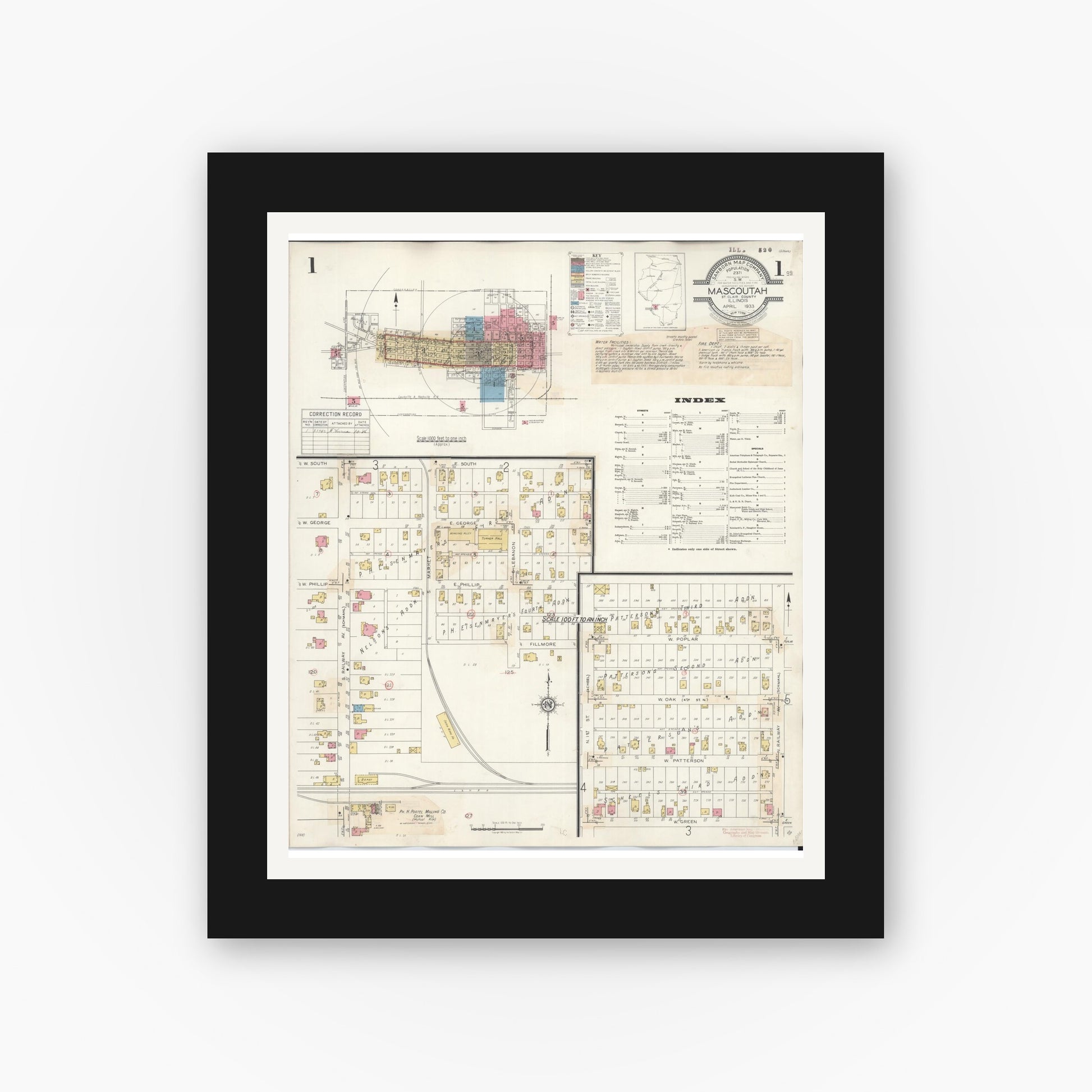Old map wall art mockup — black gallery frame with white mat — Sanborn Fire Insurance Map from Mascoutah, Saint Clair County, Illinois (1942) - Complete Map Set