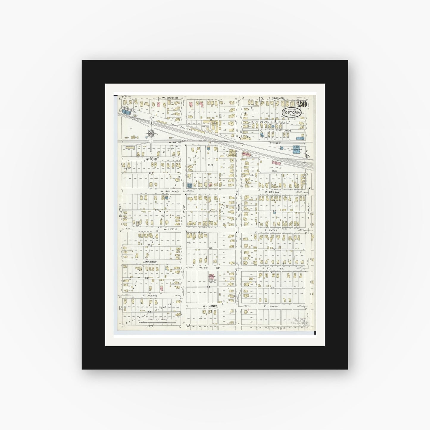 Old map wall art mockup — black gallery frame with white mat — Sanborn Fire Insurance Map from Fostoria, Seneca, Hancock, And Wood Counties, Ohio (1914), Sheet #0020