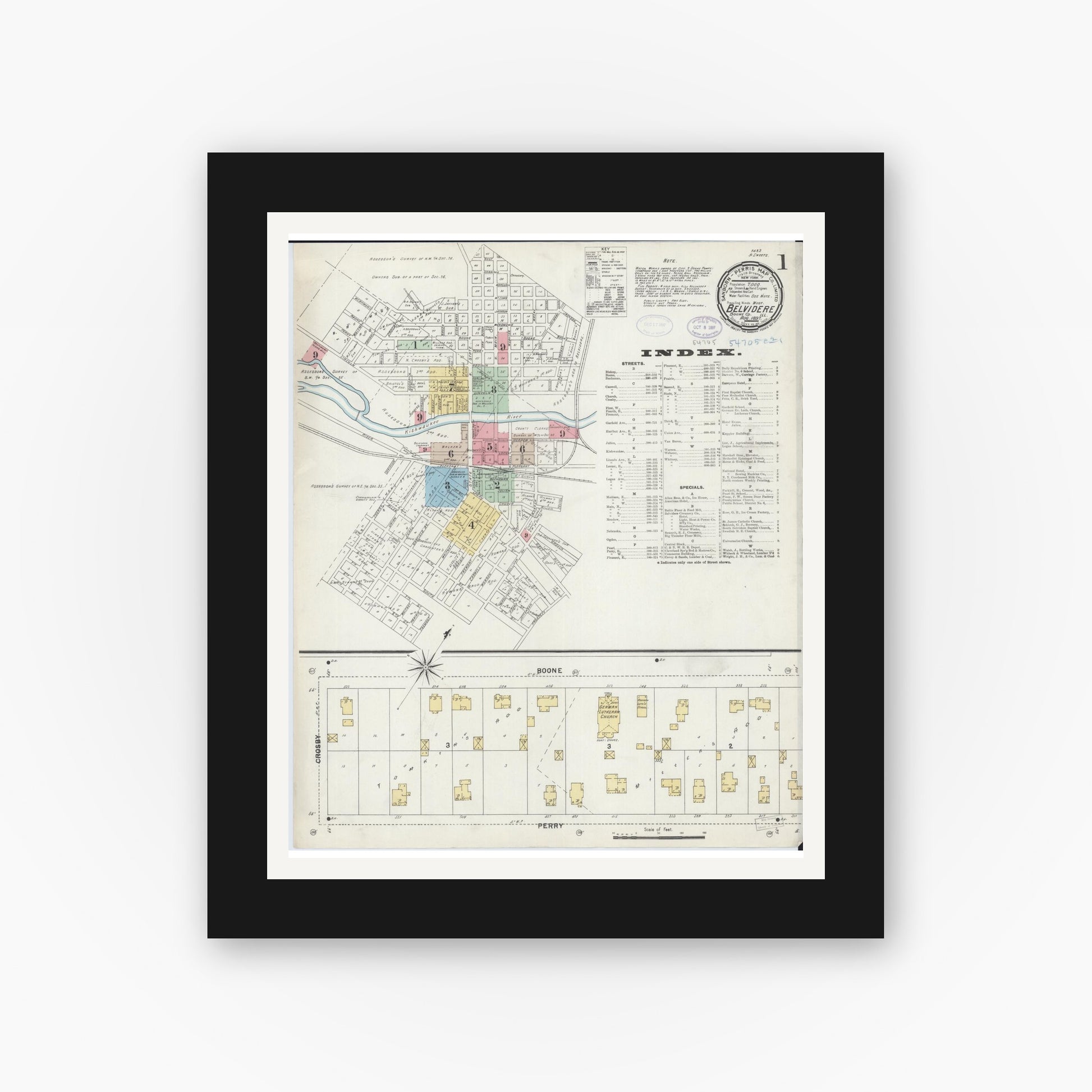 Old map wall art mockup — black gallery frame with white mat — Sanborn Fire Insurance Map from Belvidere, Boone County, Illinois (1897) - Complete Map Set