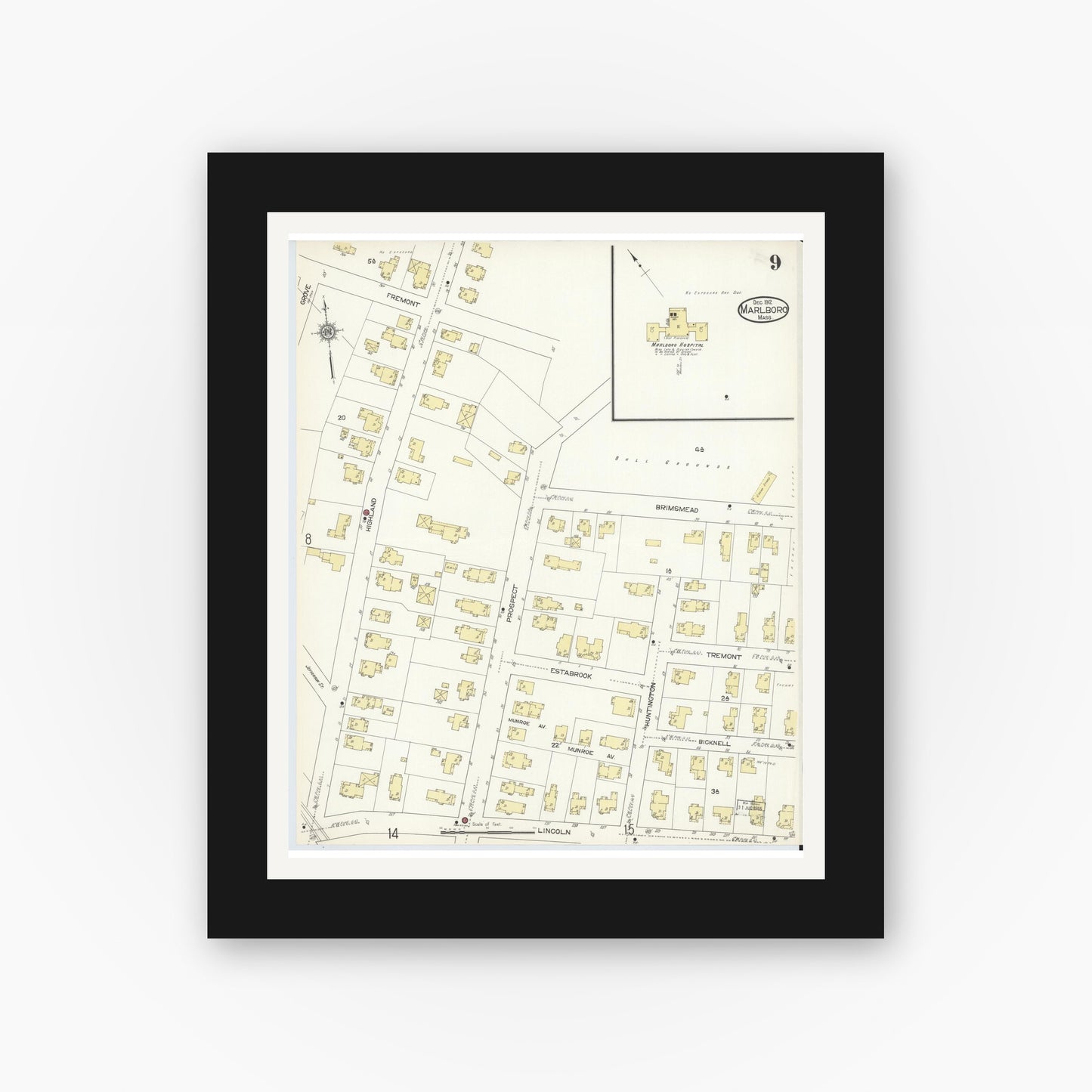 Old map wall art mockup — black gallery frame with white mat — Sanborn Fire Insurance Map from Marlborough, Middlesex County, Massachusetts (1912), Sheet #0009