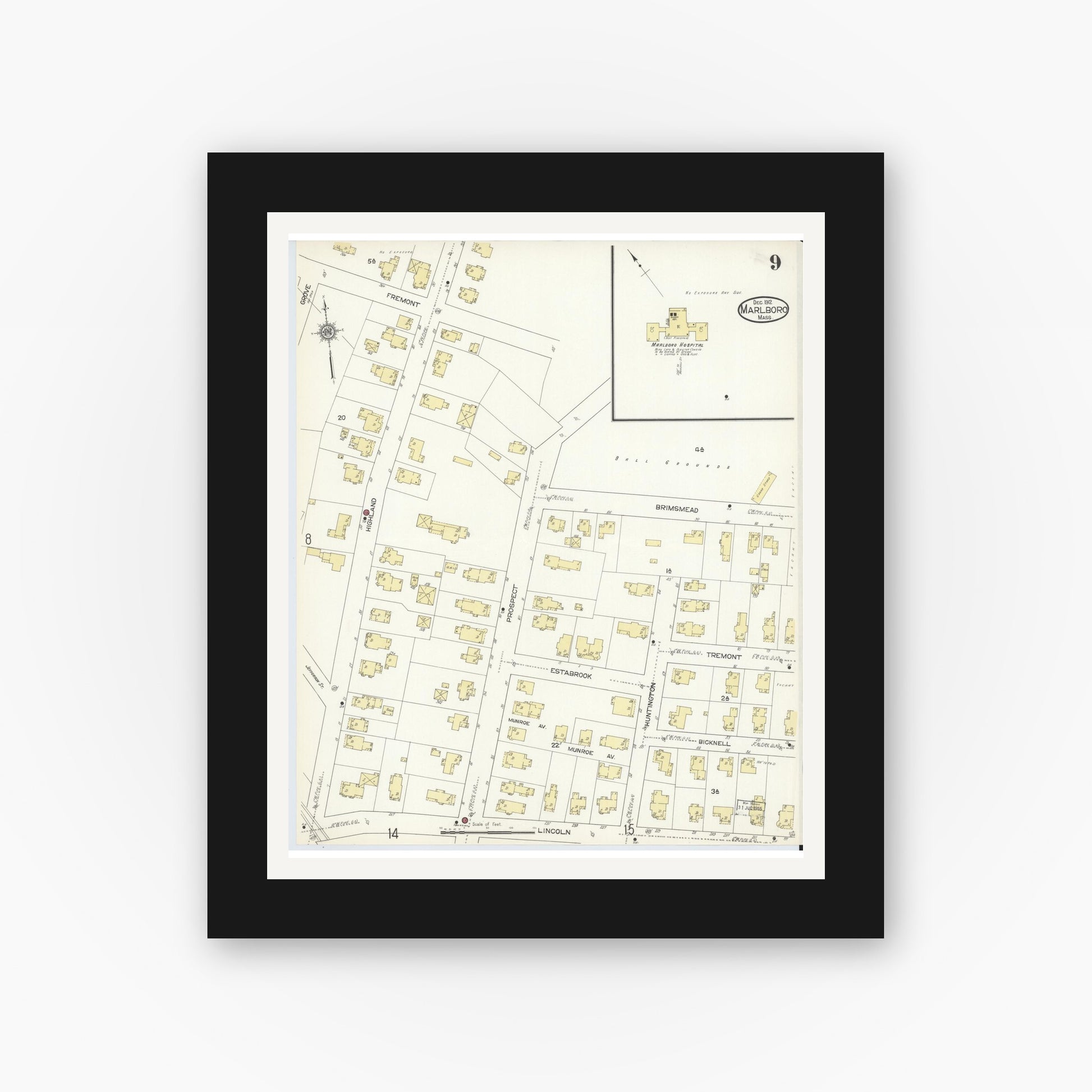 Old map wall art mockup — black gallery frame with white mat — Sanborn Fire Insurance Map from Marlborough, Middlesex County, Massachusetts (1912), Sheet #0009