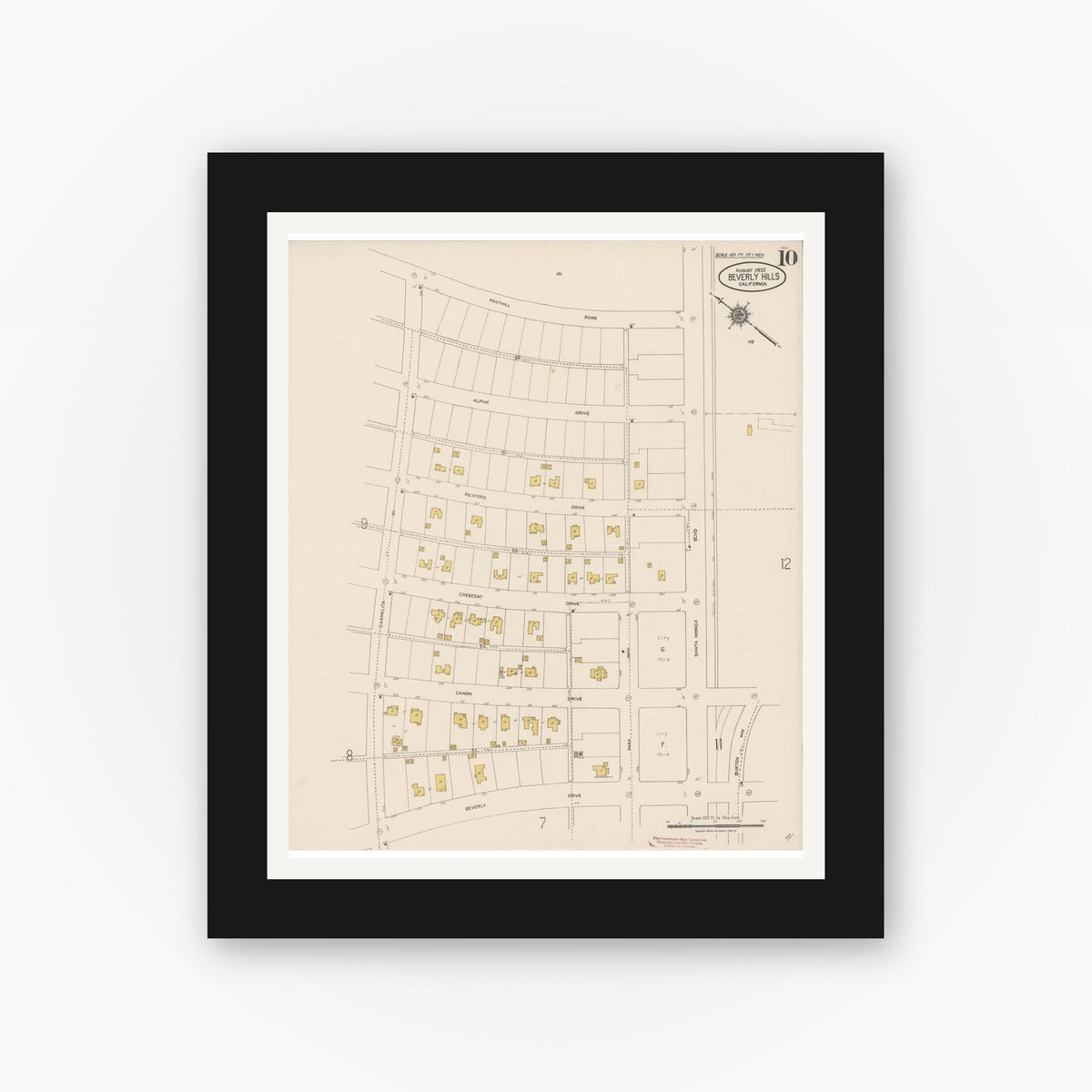 Old map wall art mockup — black gallery frame with white mat — Sanborn Fire Insurance Map from Beverly Hills, Los Angeles County, California (1922), Sheet #0010