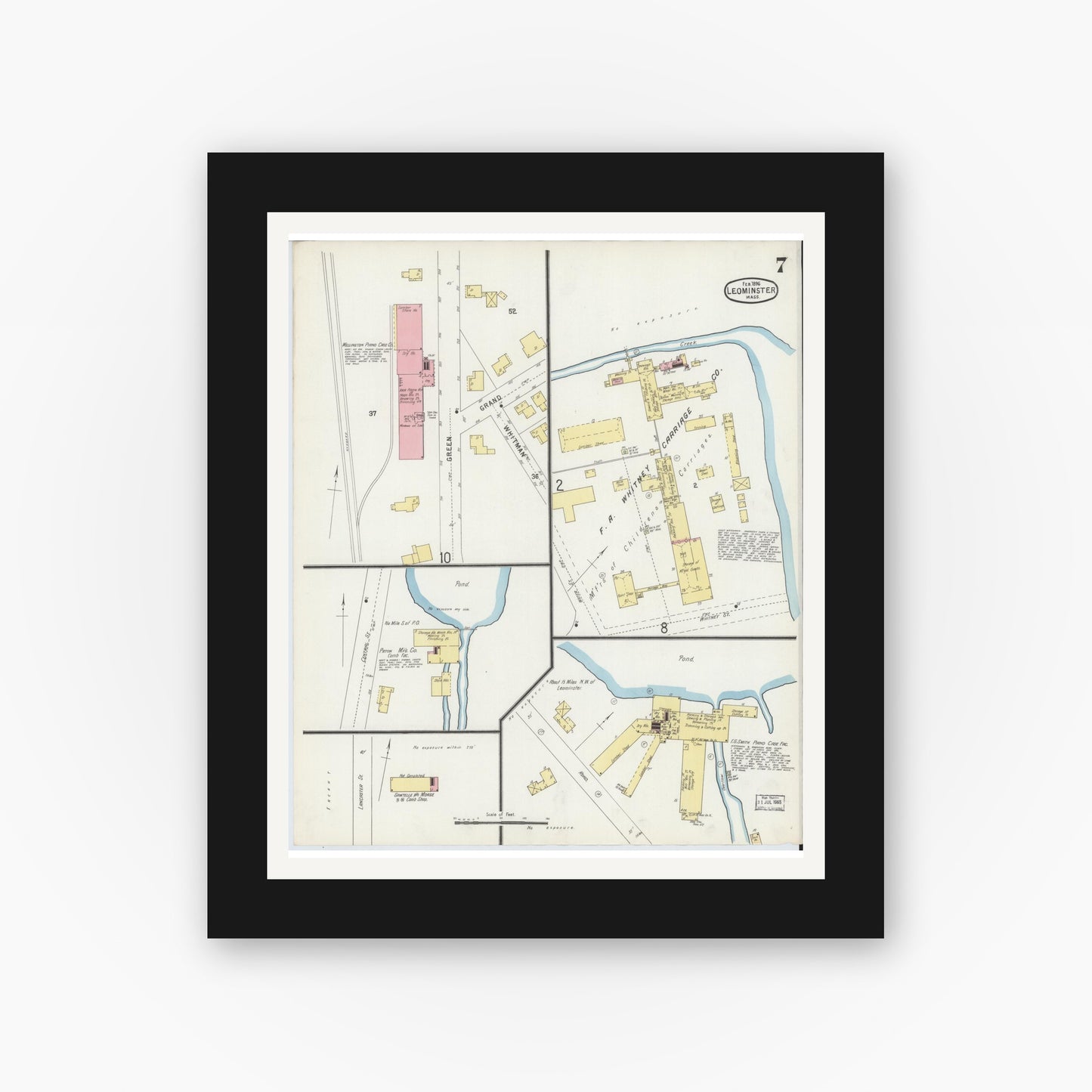 Old map wall art mockup — black gallery frame with white mat — Sanborn Fire Insurance Map from Leominster, Worcester County, Massachusetts (1896), Sheet #0007