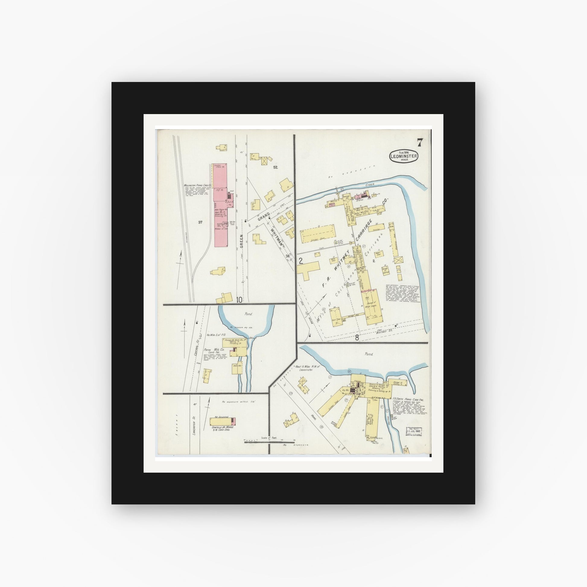 Old map wall art mockup — black gallery frame with white mat — Sanborn Fire Insurance Map from Leominster, Worcester County, Massachusetts (1896), Sheet #0007