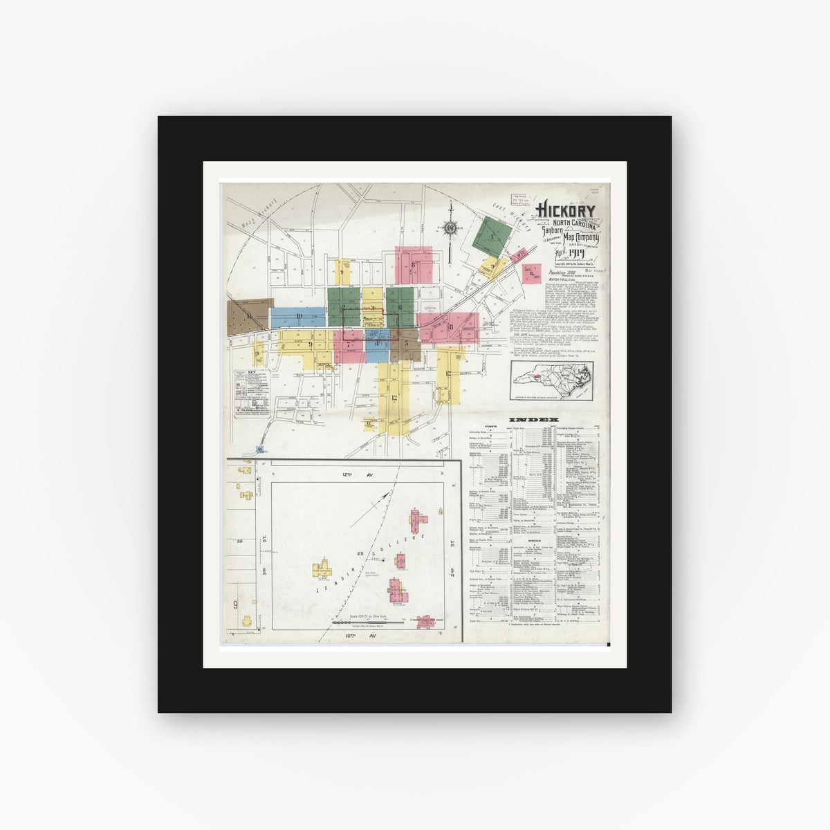 Old map wall art mockup — black gallery frame with white mat — Sanborn Fire Insurance Map from Hickory, Catawba County, North Carolina (1919), Sheet #0001