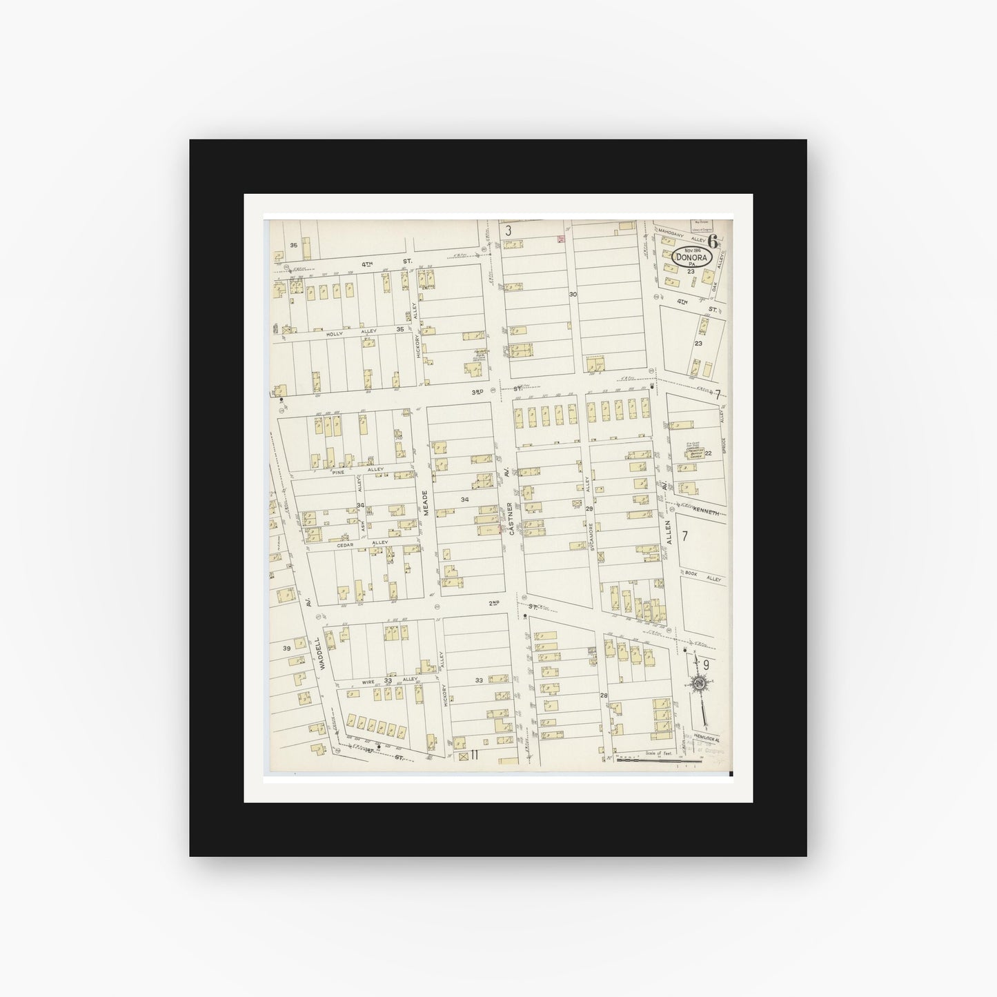 Old map wall art mockup — black gallery frame with white mat — Sanborn Fire Insurance Map from Donora, Washington County, Pennsylvania (1914), Sheet #0006