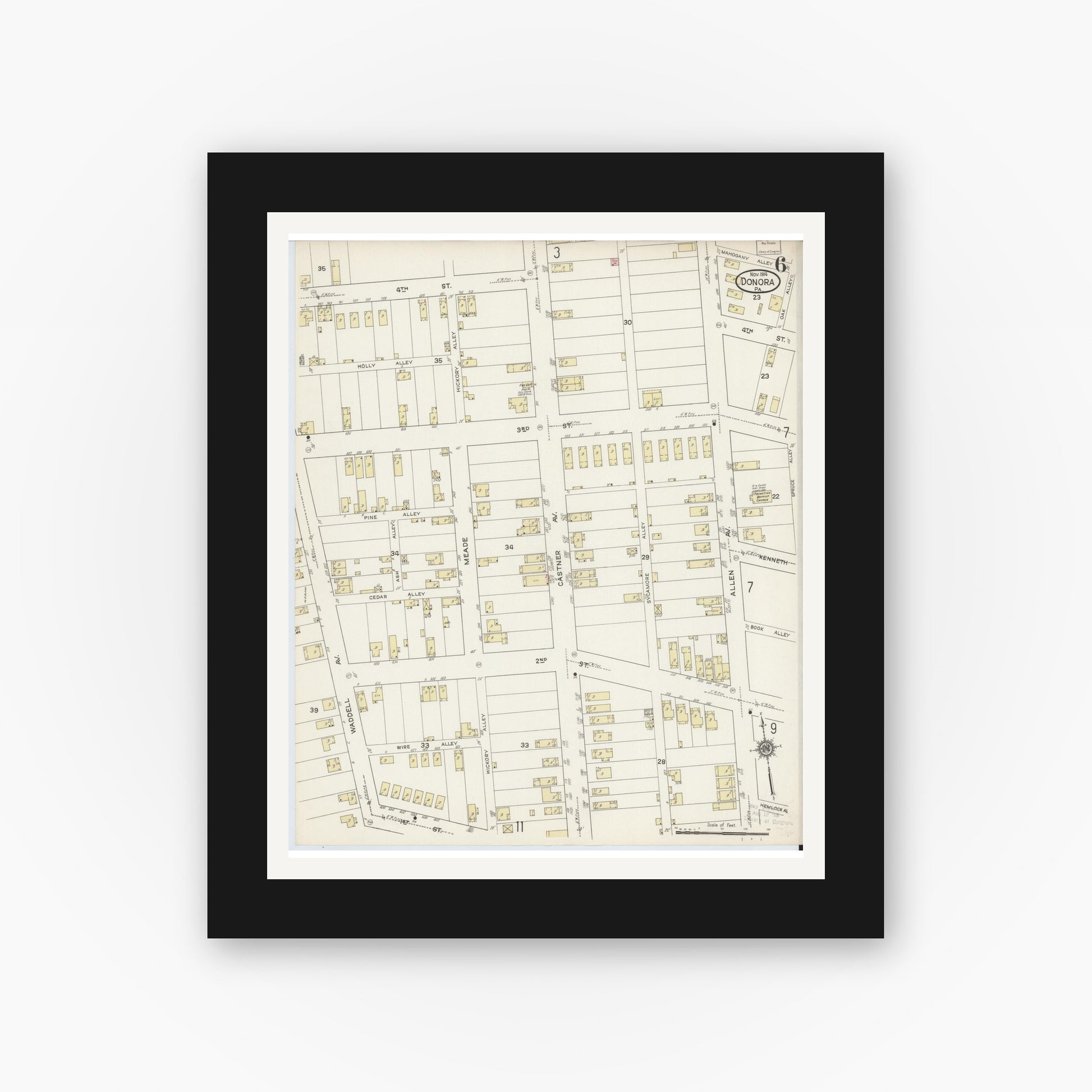 Old map wall art mockup — black gallery frame with white mat — Sanborn Fire Insurance Map from Donora, Washington County, Pennsylvania (1914), Sheet #0006