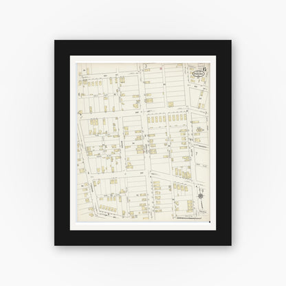 Old map wall art mockup — black gallery frame with white mat — Sanborn Fire Insurance Map from Donora, Washington County, Pennsylvania (1914), Sheet #0006