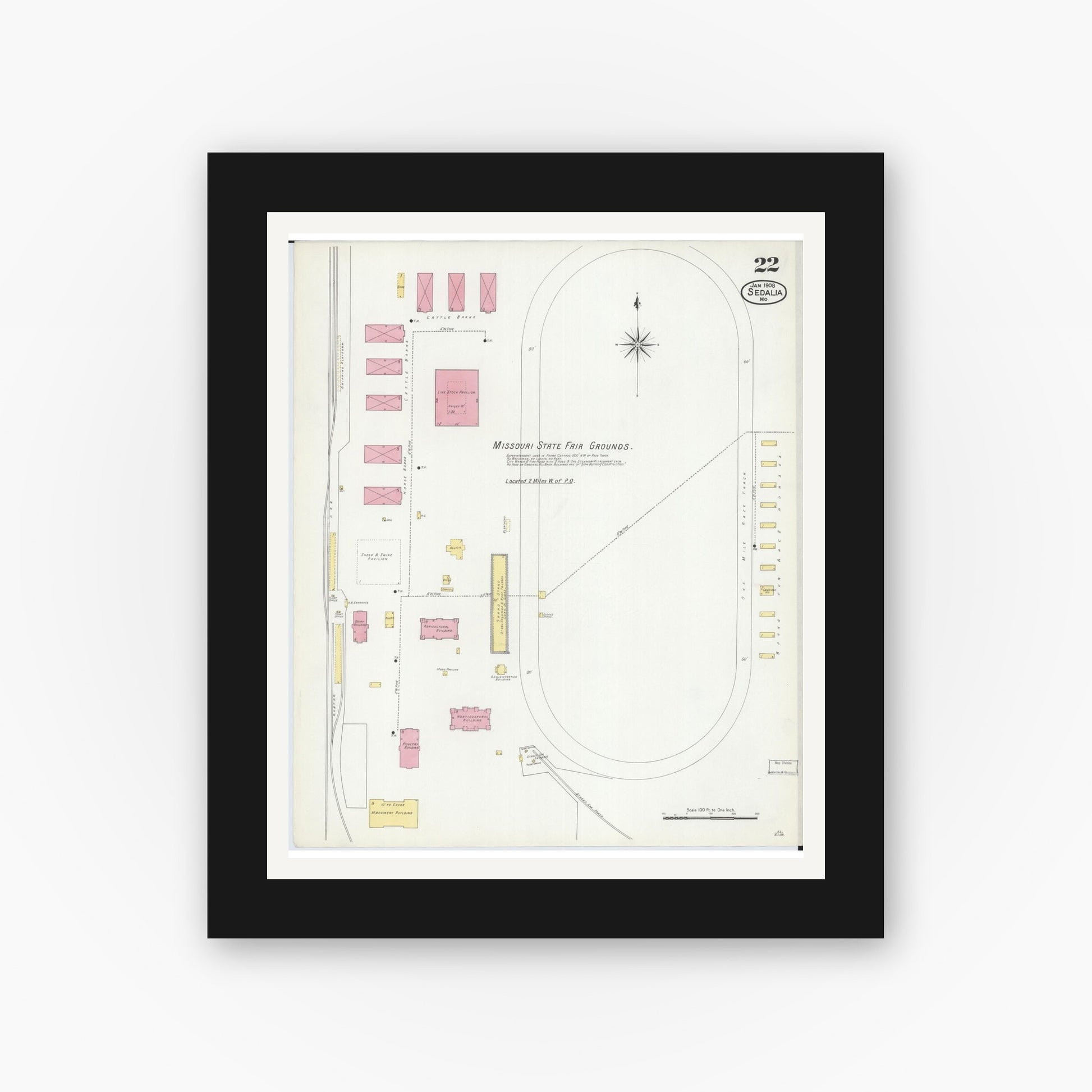 Old map wall art mockup — black gallery frame with white mat — Sanborn Fire Insurance Map from Sedalia, Pettis County, Missouri (1908), Sheet #0022