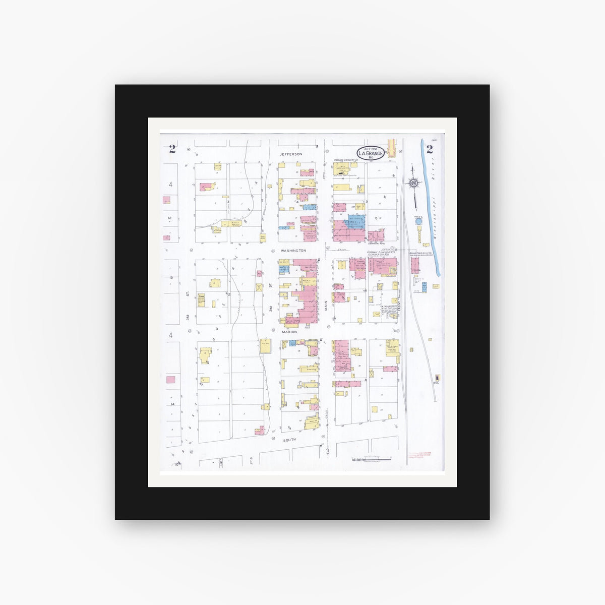 Old map wall art mockup — black gallery frame with white mat — Sanborn Fire Insurance Map from La Grange, Lewis County, Missouri (1930), Sheet #0002