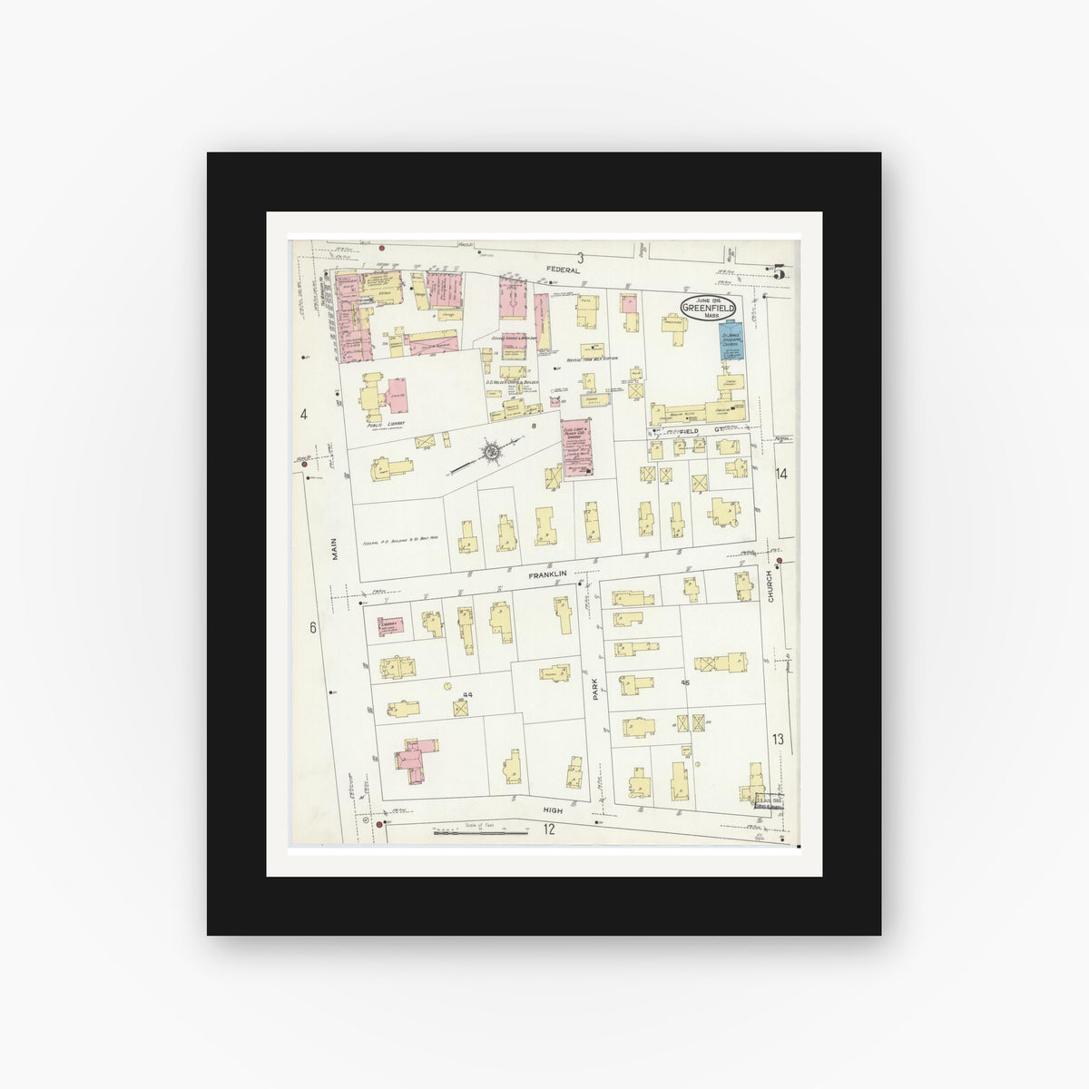 Old map wall art mockup — black gallery frame with white mat — Sanborn Fire Insurance Map from Greenfield, Franklin County, Massachusetts (1914), Sheet #0005