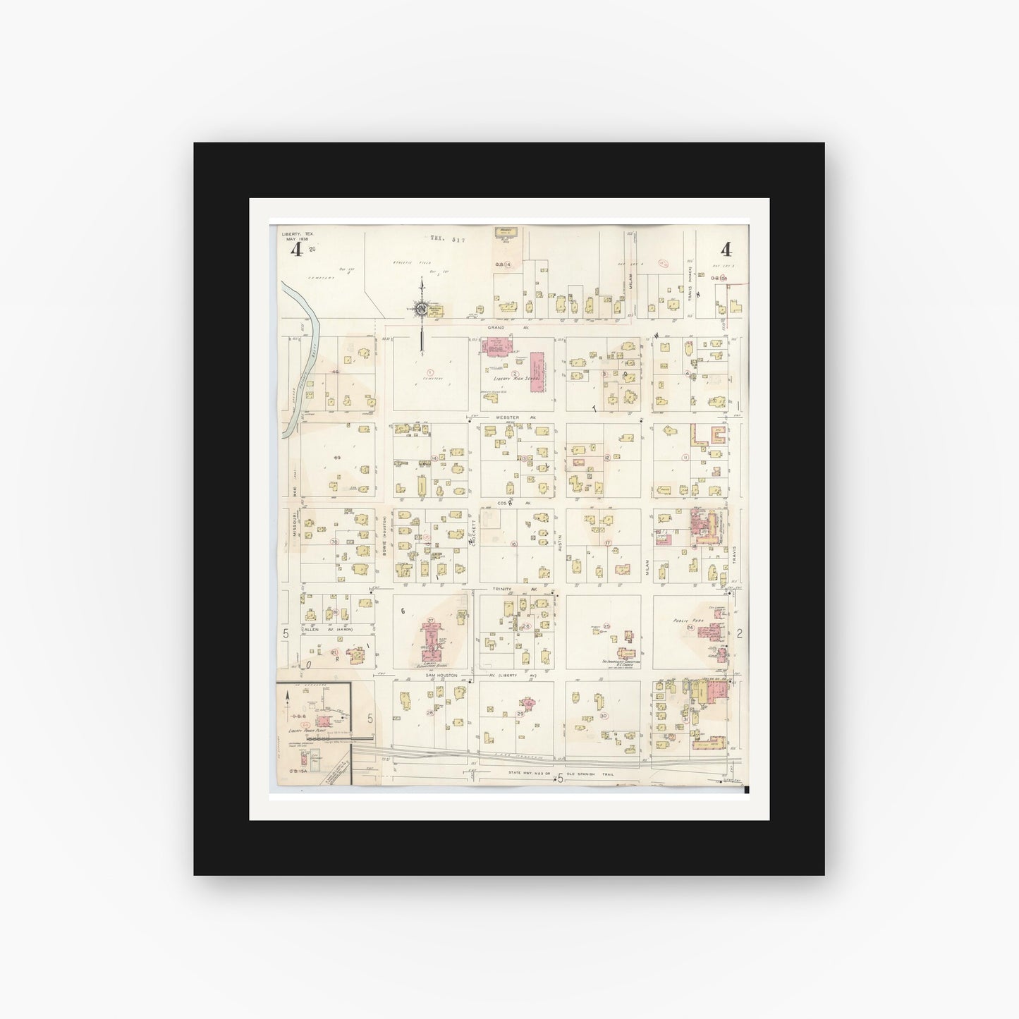 Old map wall art mockup — black gallery frame with white mat — Sanborn Fire Insurance Map from Liberty, Liberty County, Texas (1945), Sheet #0004