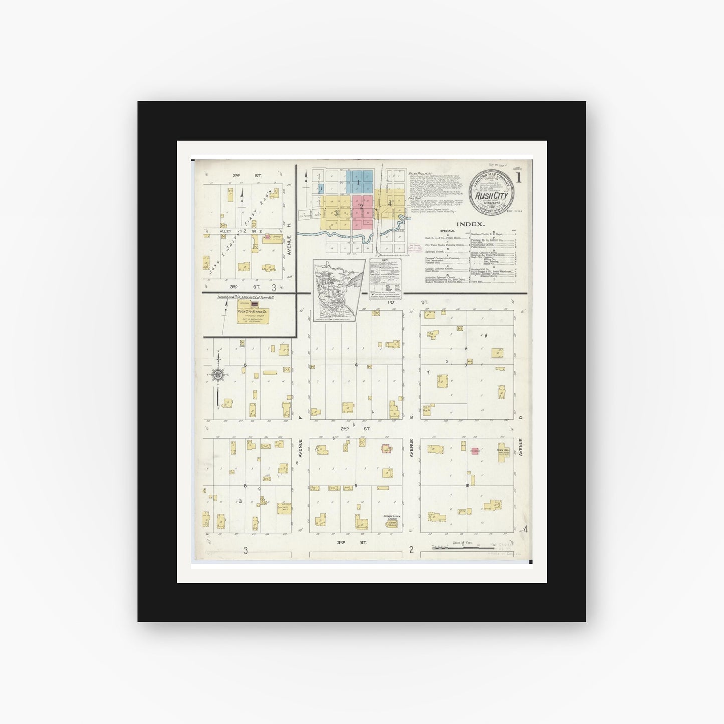 Old map wall art mockup — black gallery frame with white mat — Sanborn Fire Insurance Map from Rush City, Chisago County, Minnesota (1912) - Complete Map Set