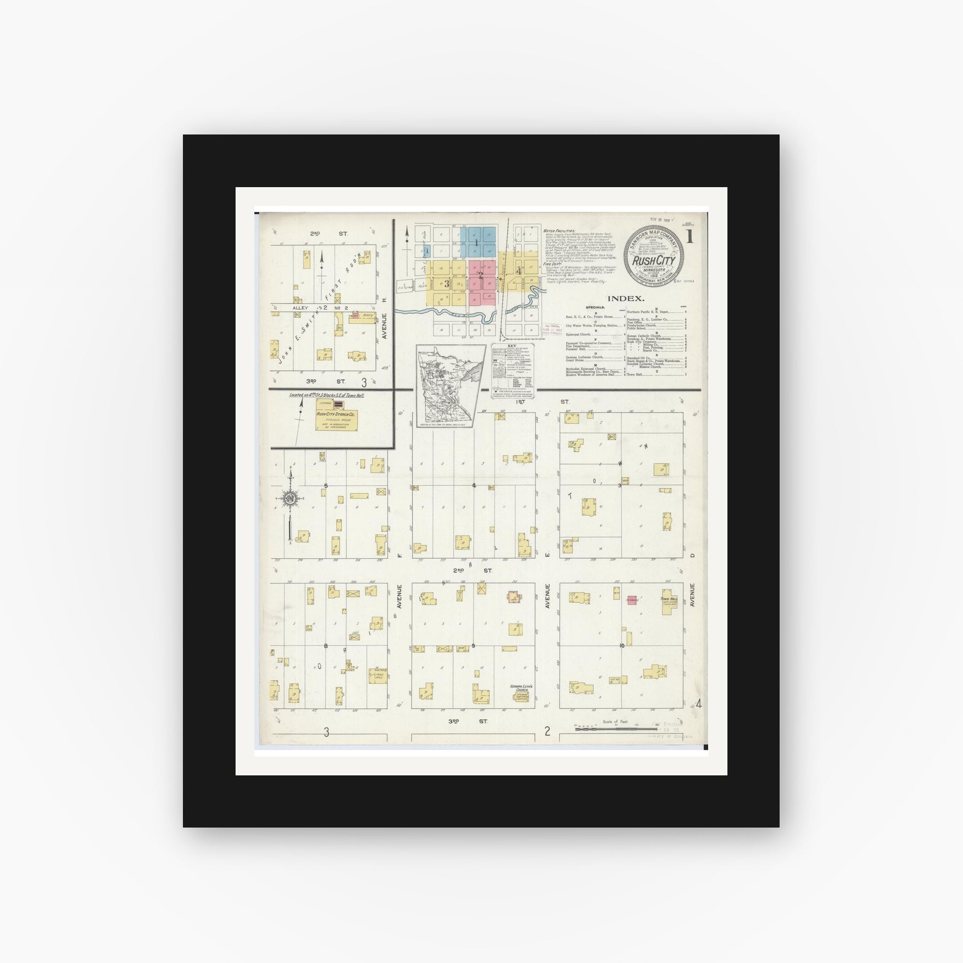 Old map wall art mockup — black gallery frame with white mat — Sanborn Fire Insurance Map from Rush City, Chisago County, Minnesota (1912) - Complete Map Set