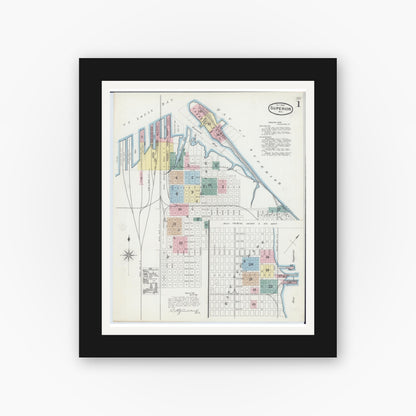 Old map wall art mockup — black gallery frame with white mat — Sanborn Fire Insurance Map from Superior, Douglas County, Wisconsin (1889), Sheet #0001