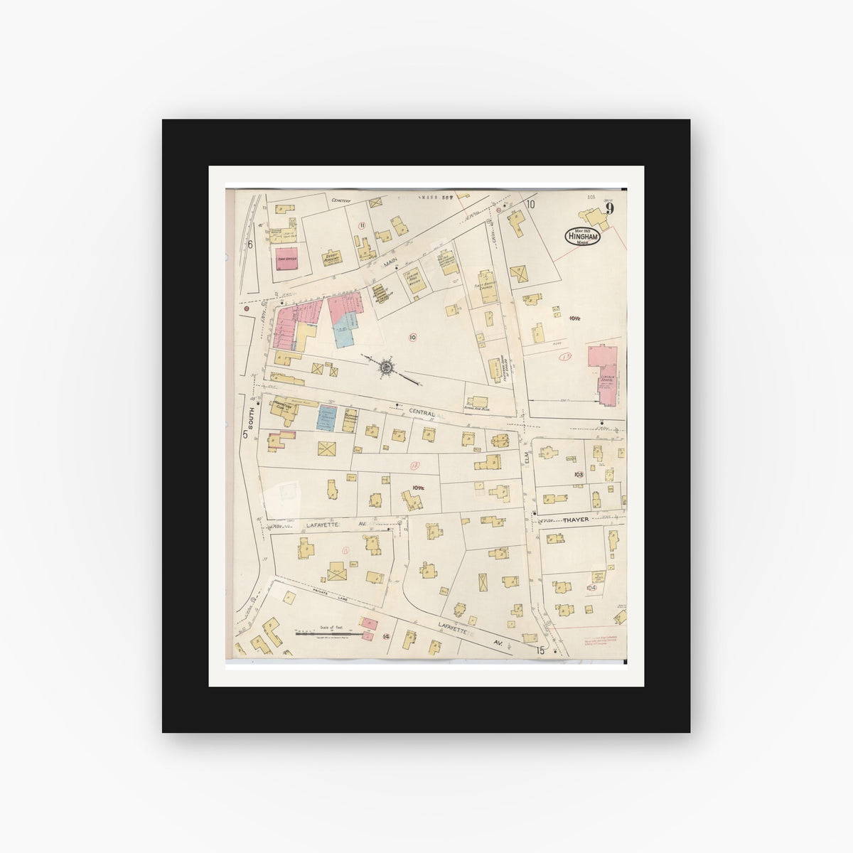 Old map wall art mockup — black gallery frame with white mat — Sanborn Fire Insurance Map from Hingham, Plymouth County, Massachusetts (1948), Sheet #0009