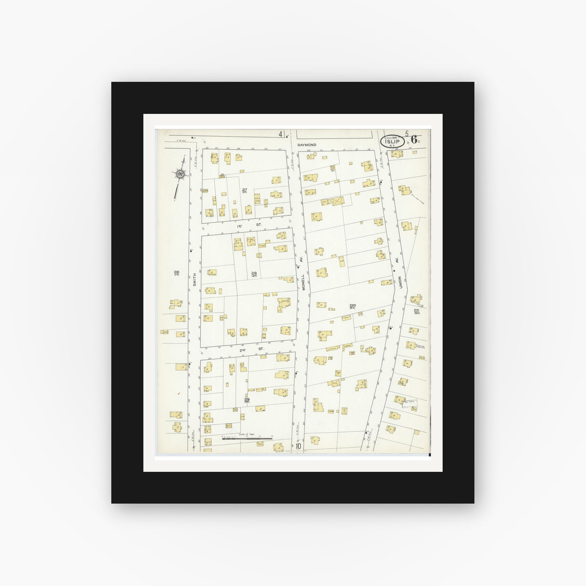 Old map wall art mockup — black gallery frame with white mat — Sanborn Fire Insurance Map from Islip, Suffolk County, New York (1916), Sheet #0006