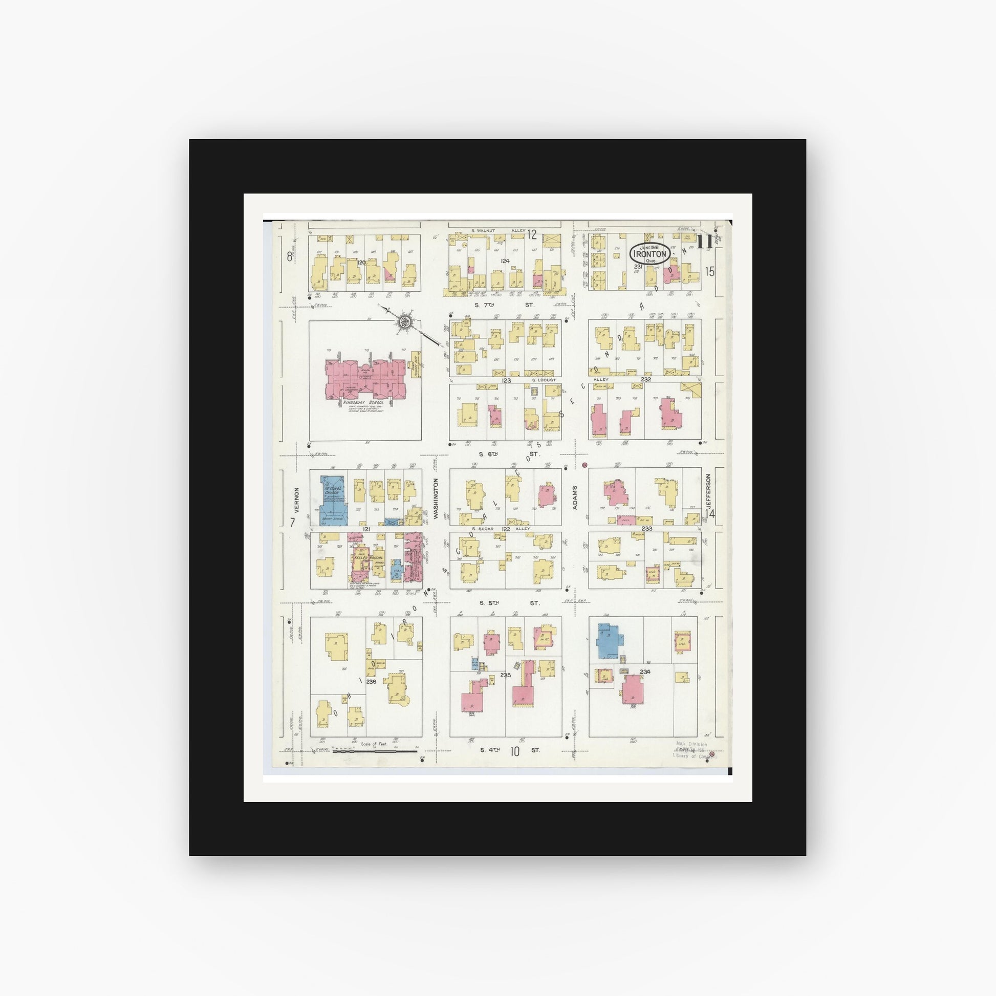 Old map wall art mockup — black gallery frame with white mat — Sanborn Fire Insurance Map from Ironton, Lawrence County, Ohio (1916), Sheet #0011