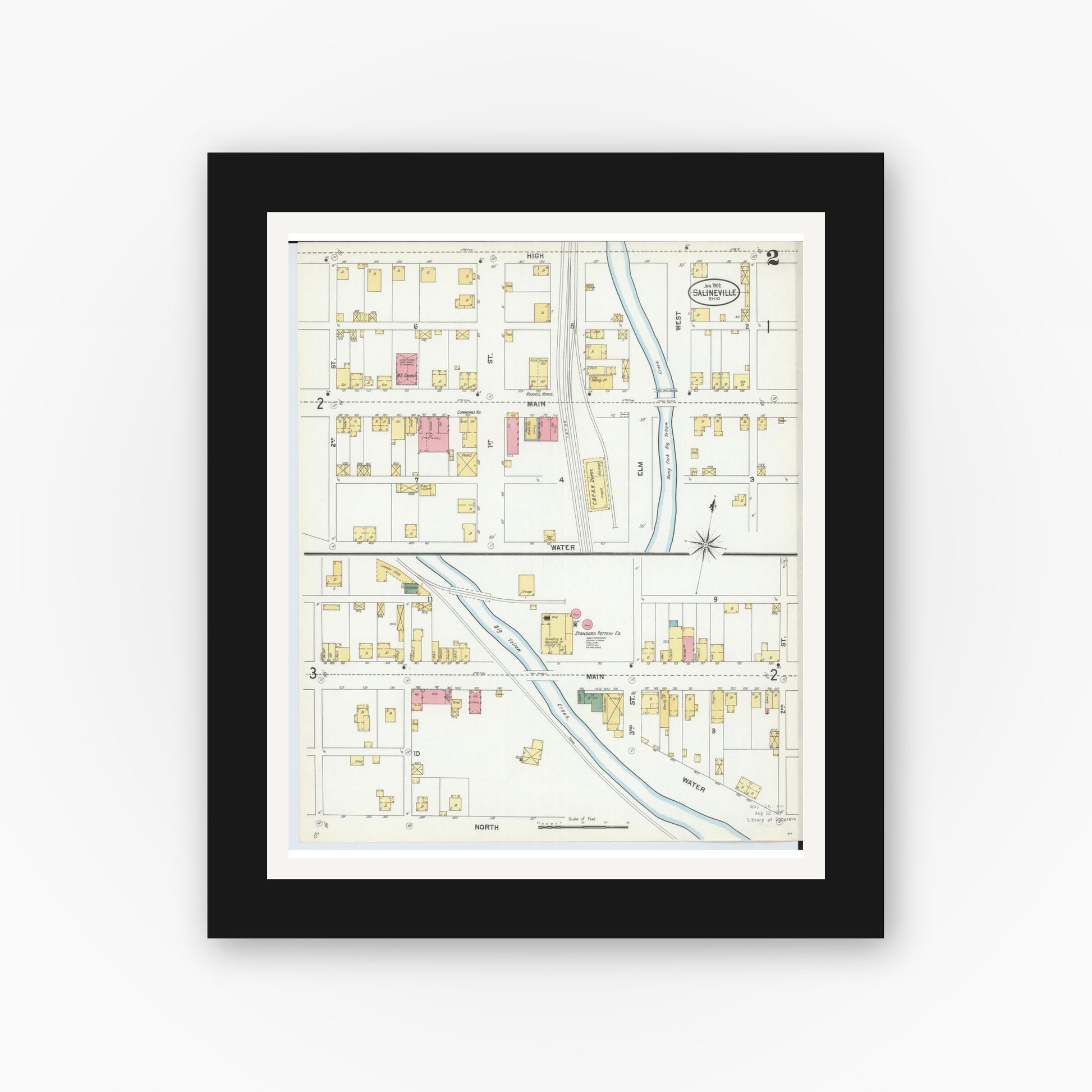 Old map wall art mockup — black gallery frame with white mat — Sanborn Fire Insurance Map from Salineville, Columbiana County, Ohio (1902), Sheet #0002