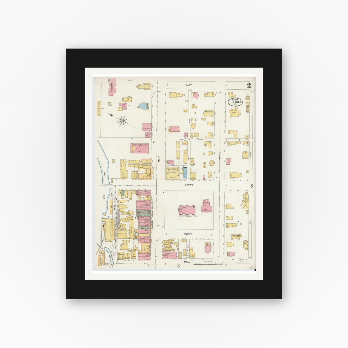 Old map wall art mockup — black gallery frame with white mat — Sanborn Fire Insurance Map from Ridgway, Elk County, Pennsylvania (1898), Sheet #0002