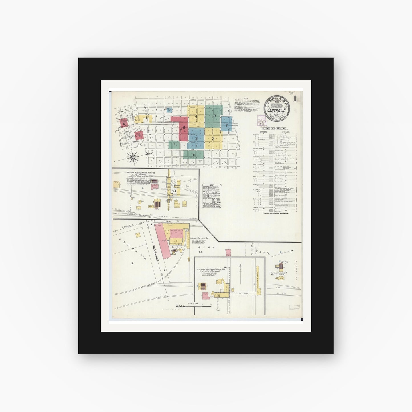 Old map wall art mockup — black gallery frame with white mat — Sanborn Fire Insurance Map from Centralia, Marion, Clinton, Jefferson, and Washington Counties, Illinois (1902) - Complete Map Set